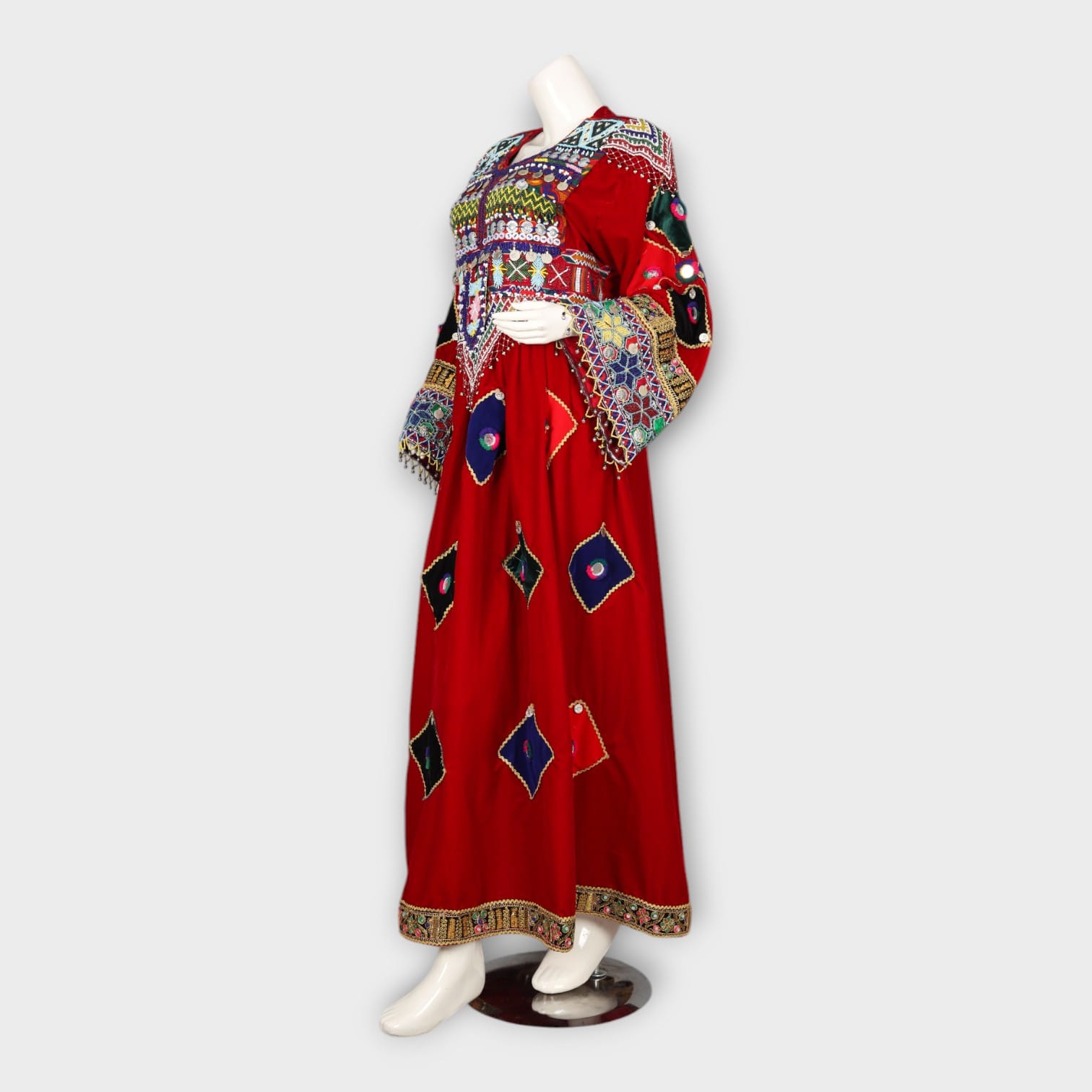 Red Traditional Afghani Dress with Multicolor Embroidery and Mirror Work