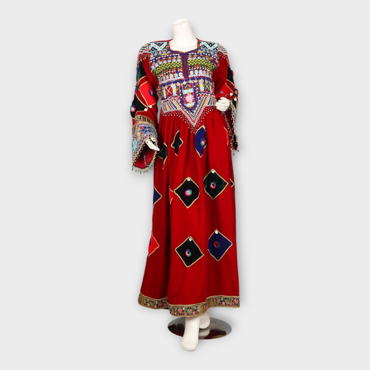 Red Traditional Afghani Dress with Multicolor Embroidery and Mirror Work
