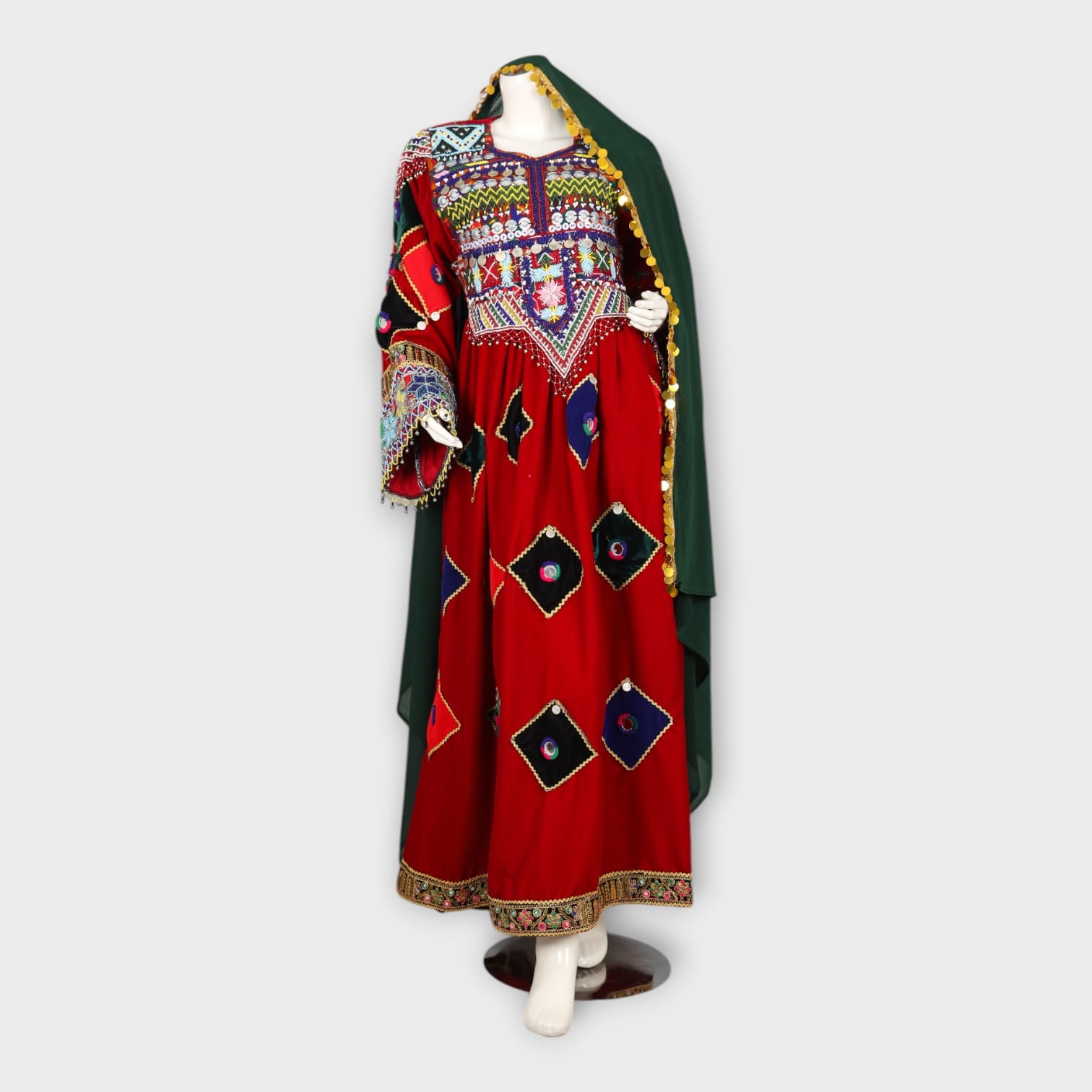 Red Traditional Afghani Dress with Multicolor Embroidery and Mirror Work