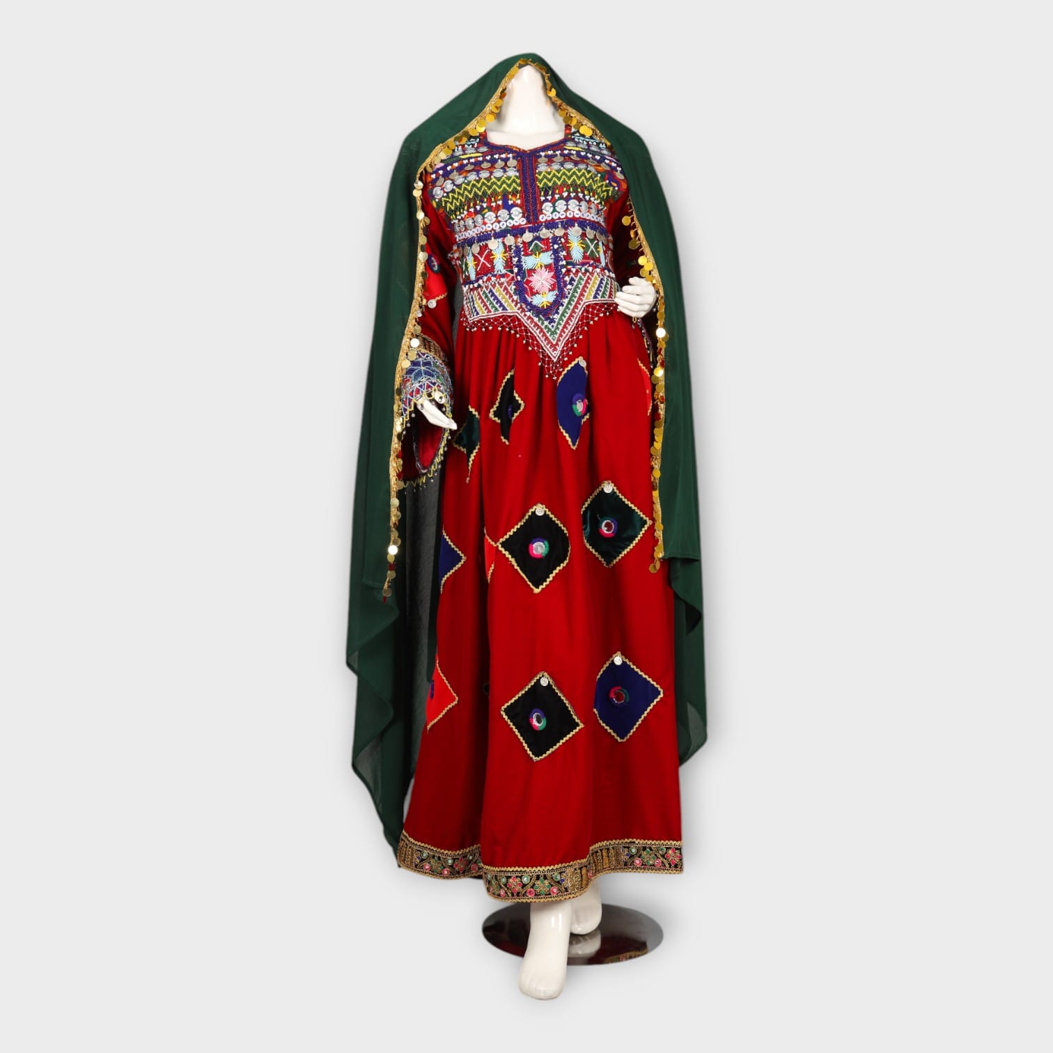 Red Traditional Afghani Dress with Multicolor Embroidery and Mirror Work