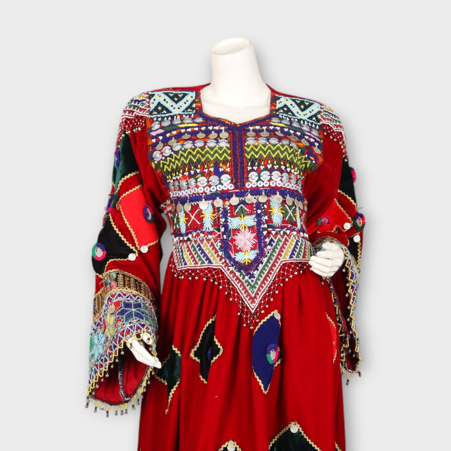 Red Traditional Afghani Dress with Multicolor Embroidery and Mirror Work