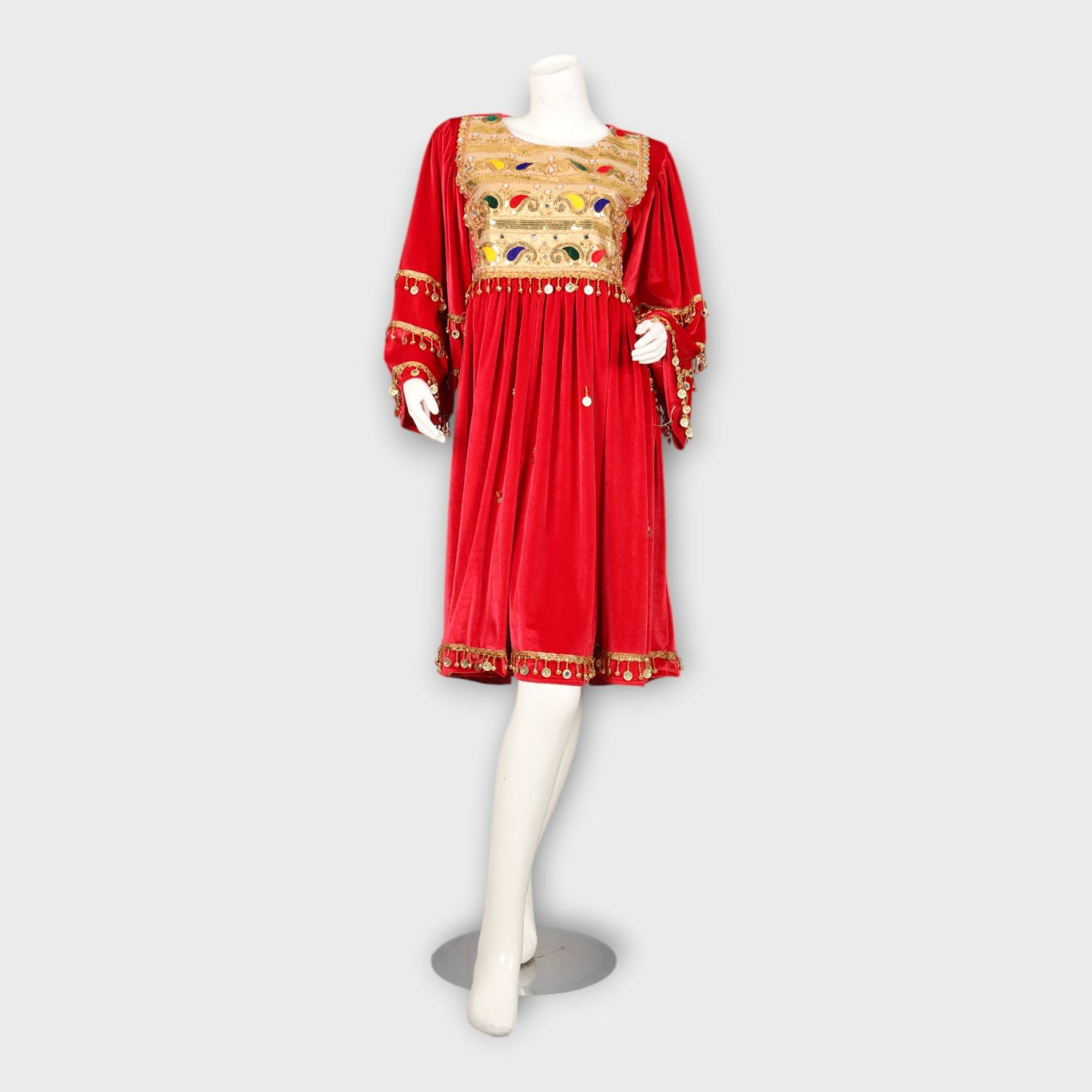 Red Traditional Velvet Dress with Golden Embroidery