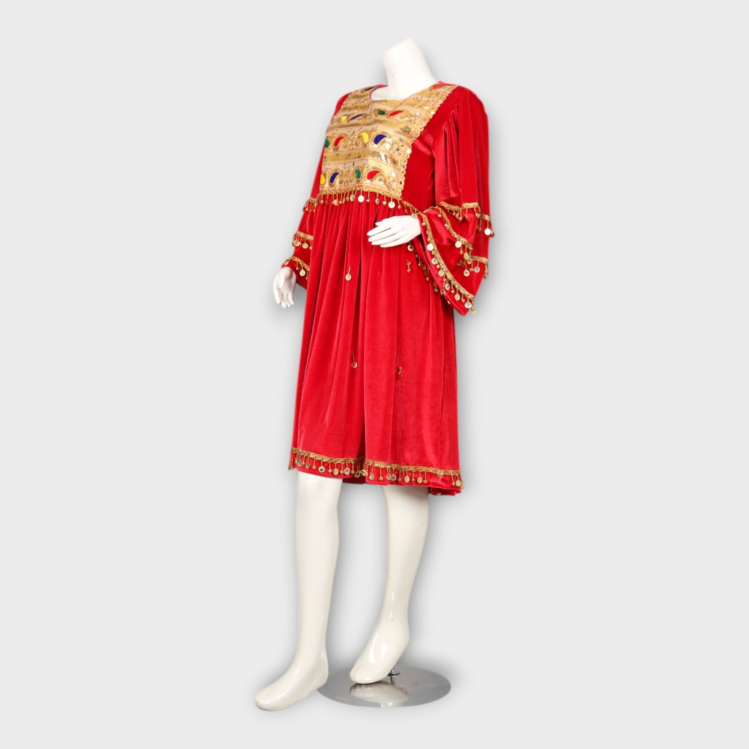 Red Traditional Velvet Dress with Golden Embroidery