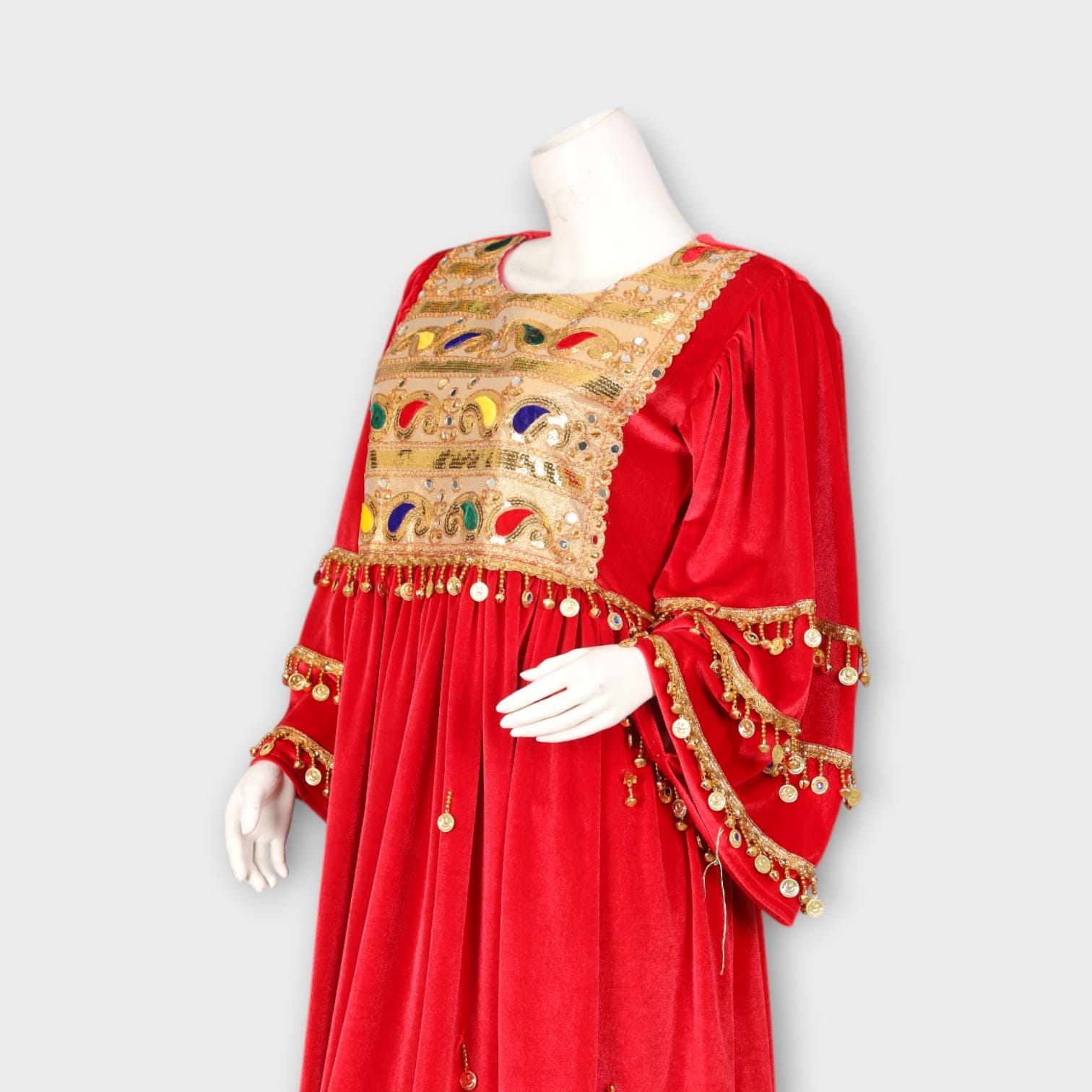 Red Traditional Velvet Dress with Golden Embroidery