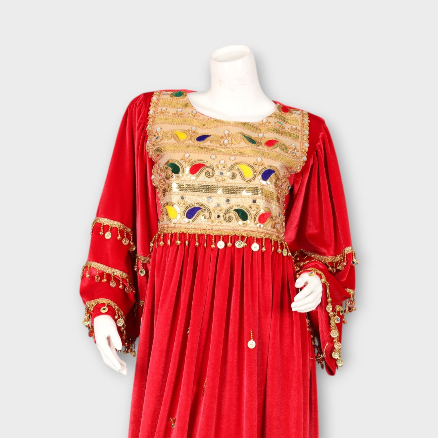 Red Traditional Velvet Dress with Golden Embroidery