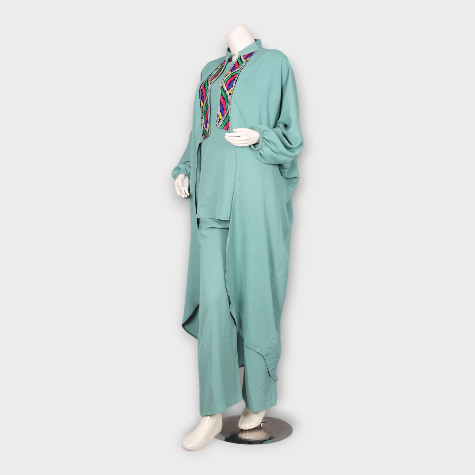 Mint Green Three-Piece Afghani Modern Front Open Dress