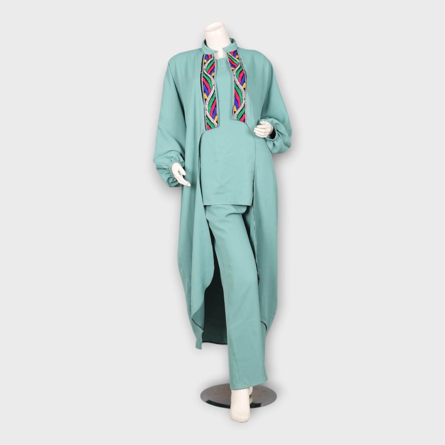 Mint Green Three-Piece Afghani Modern Front Open Dress