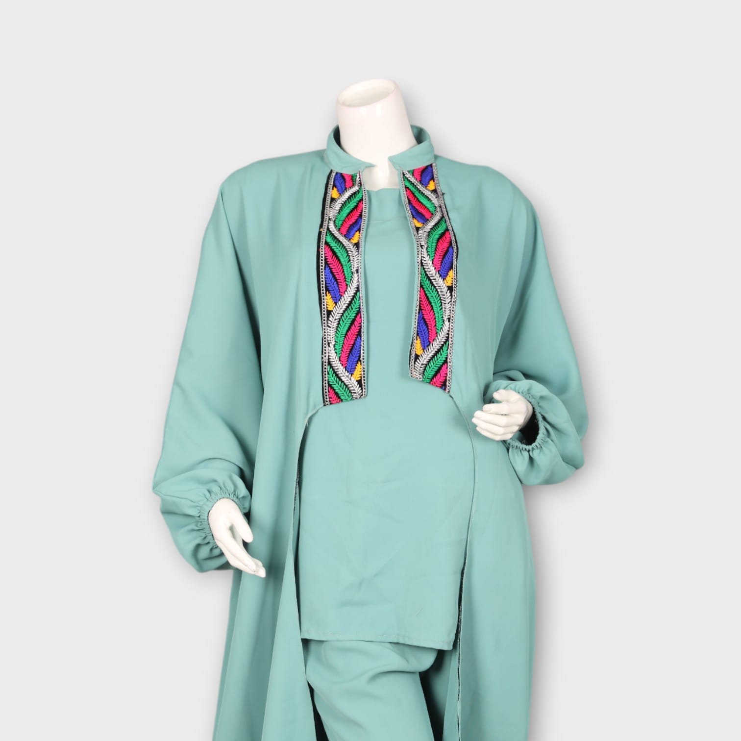 Mint Green Three-Piece Afghani Modern Front Open Dress
