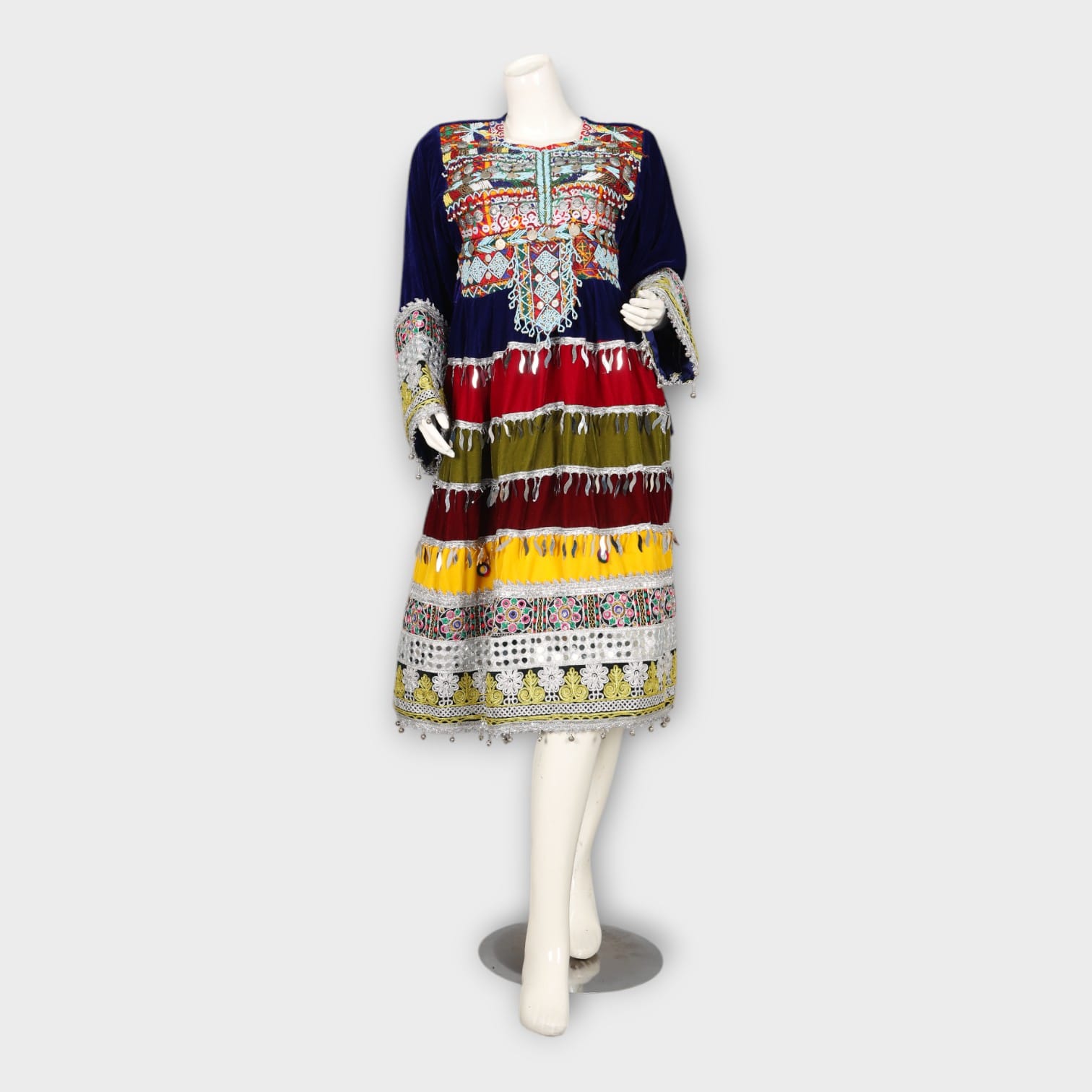 Multicolor Traditional Ghandi Afghani Dress with Embroidery, Coins, and Green Dupatta
