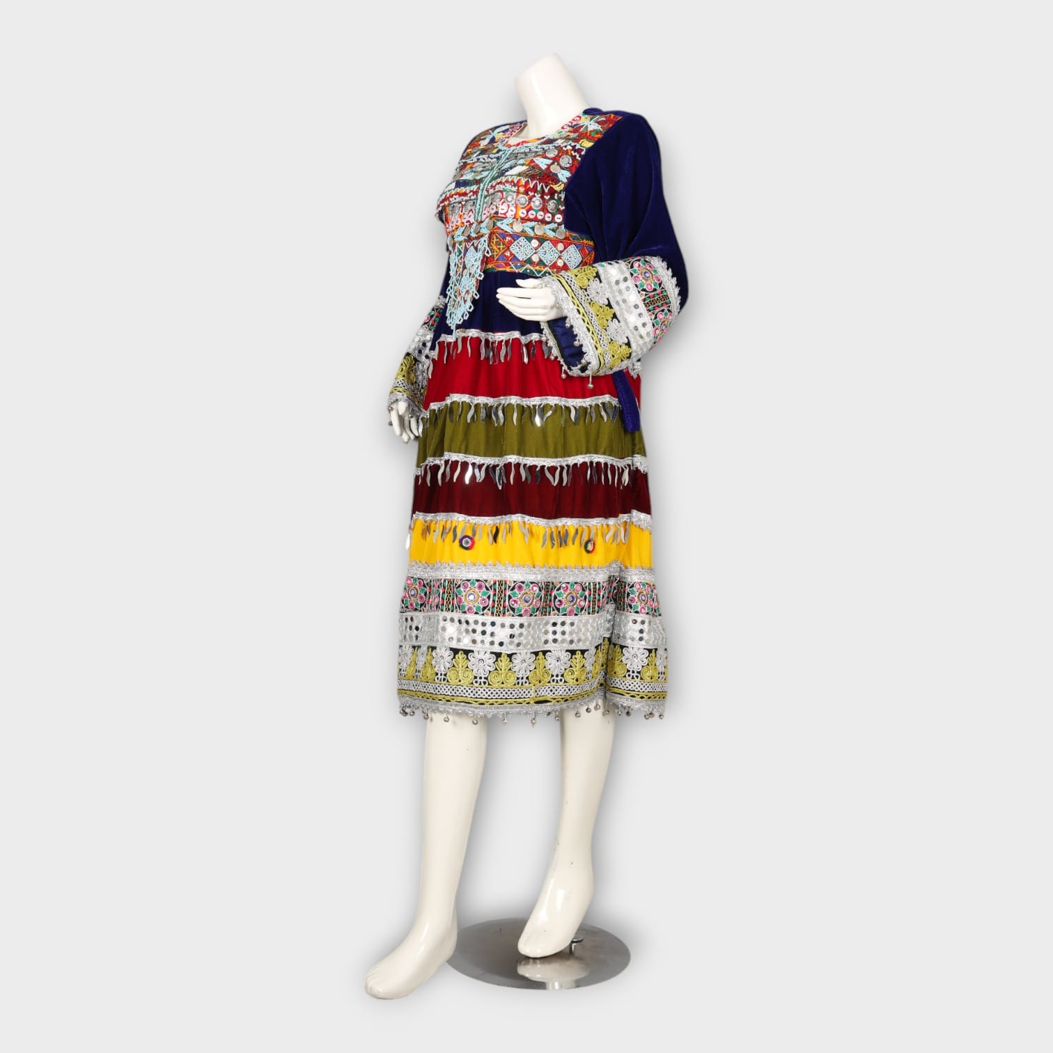 Multicolor Traditional Ghandi Afghani Dress with Embroidery, Coins, and Green Dupatta