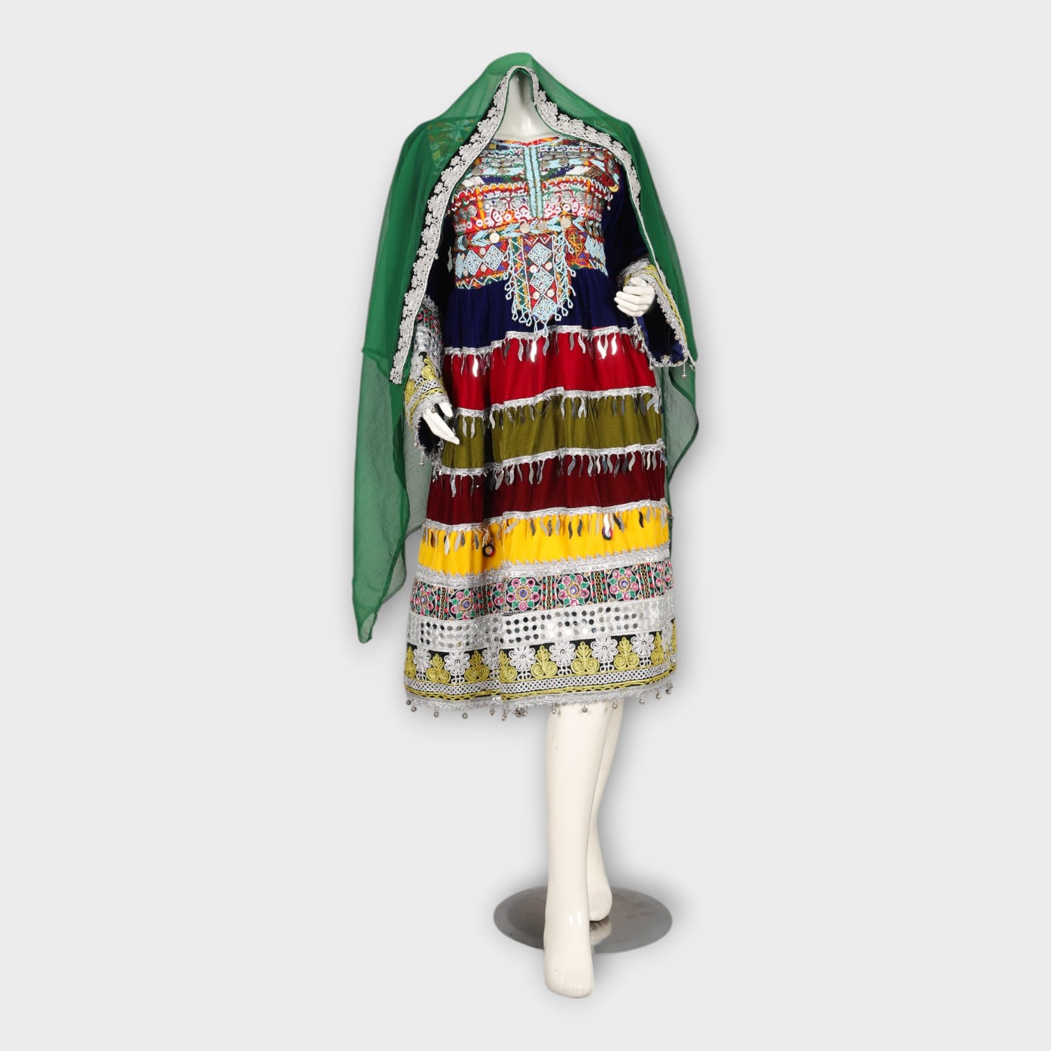 Multicolor Traditional Ghandi Afghani Dress with Embroidery, Coins, and Green Dupatta