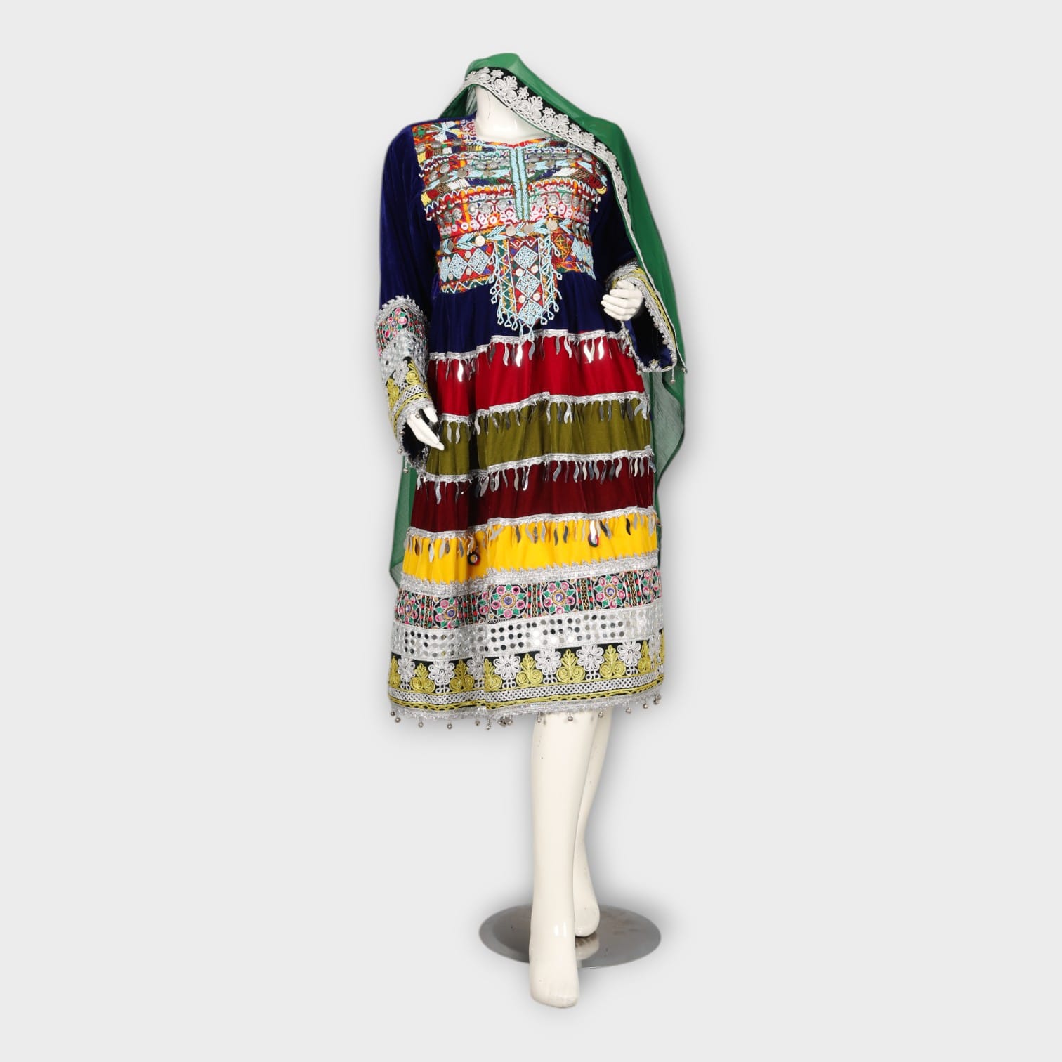 Multicolor Traditional Ghandi Afghani Dress with Embroidery, Coins, and Green Dupatta
