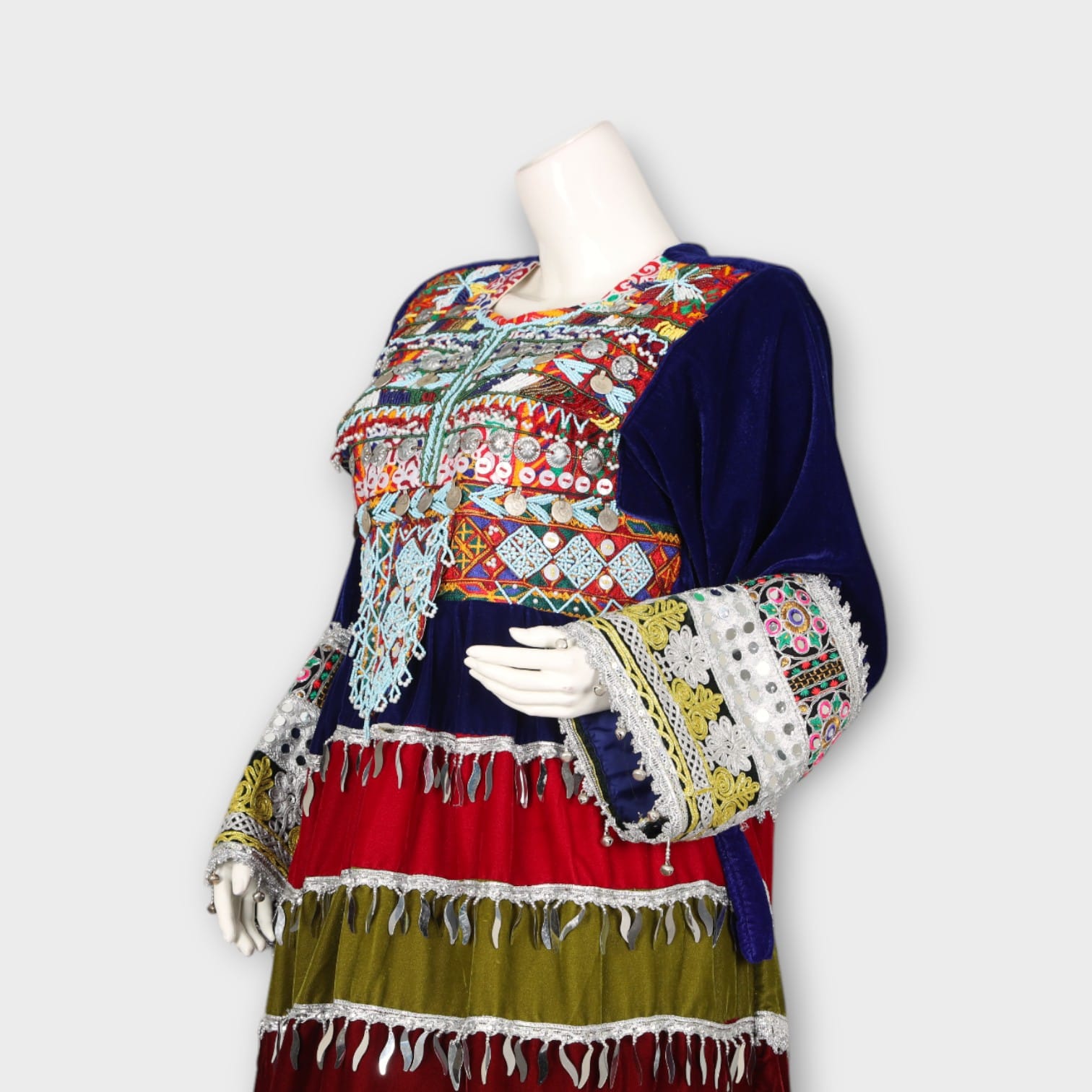 Multicolor Traditional Ghandi Afghani Dress with Embroidery, Coins, and Green Dupatta