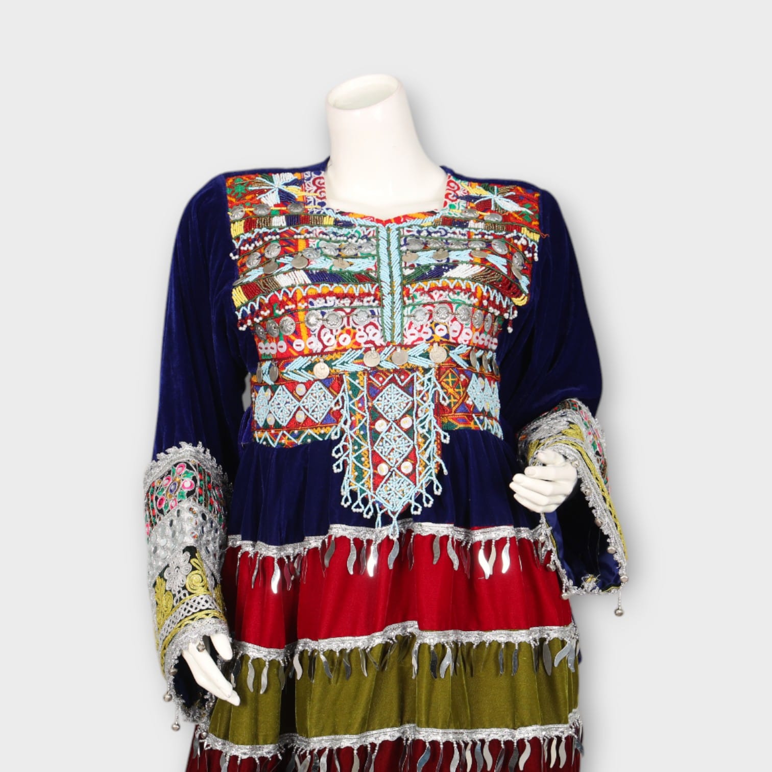 Multicolor Traditional Ghandi Afghani Dress with Embroidery, Coins, and Green Dupatta
