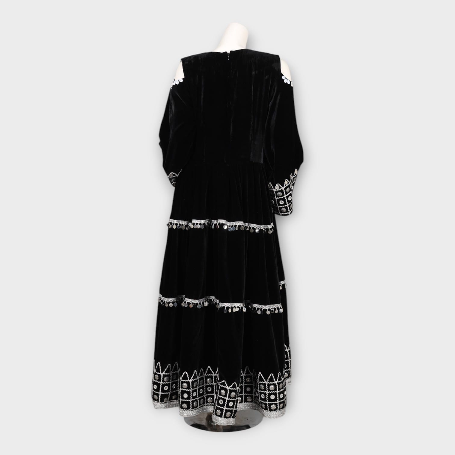 Black Velvet Traditional Afghani Dress with White Embroidery and Mirror Work