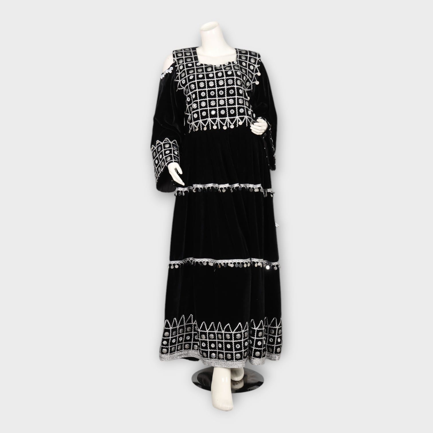 Black Velvet Traditional Afghani Dress with White Embroidery and Mirror Work