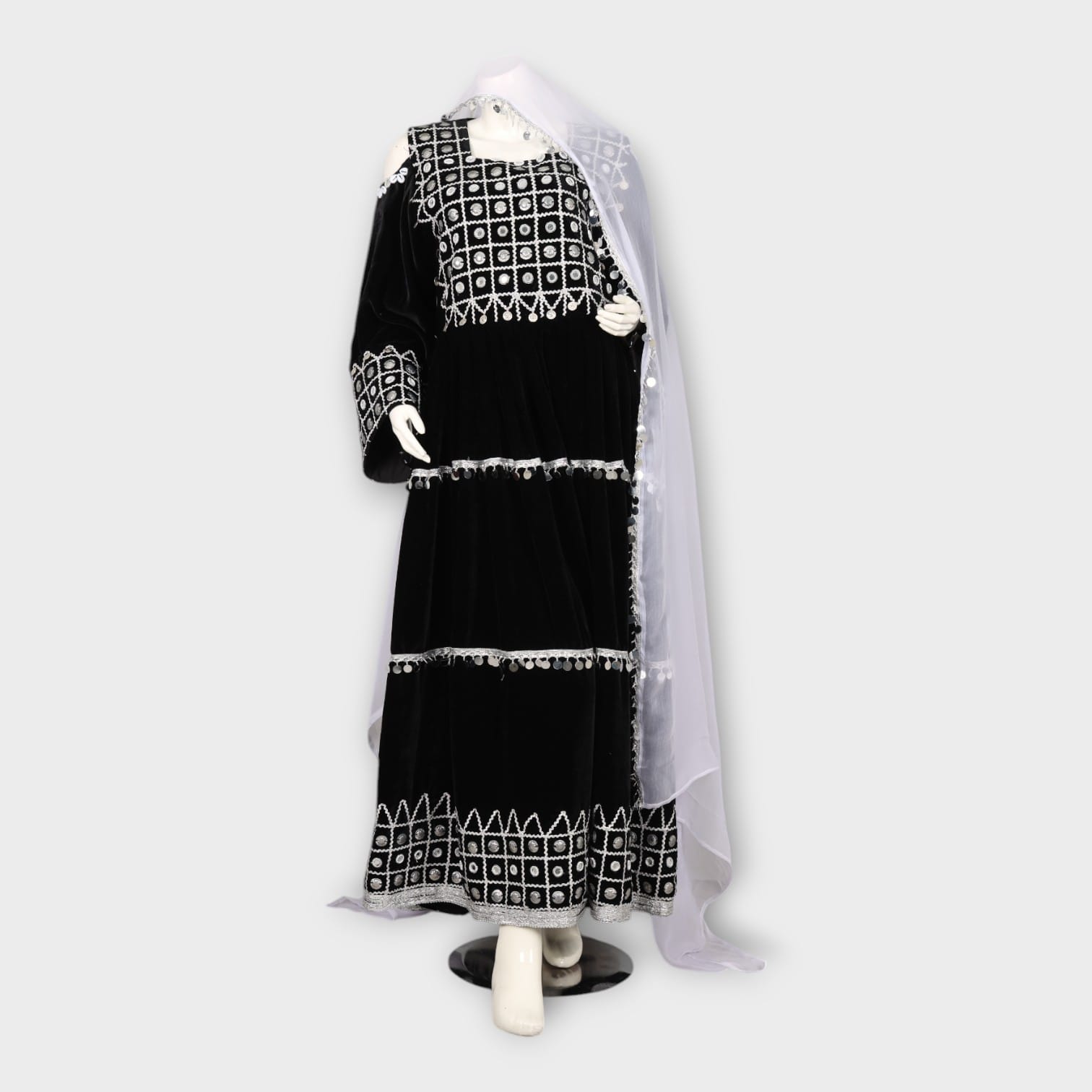 Black Velvet Traditional Afghani Dress with White Embroidery and Mirror Work - Cloth Sizes Women: Large