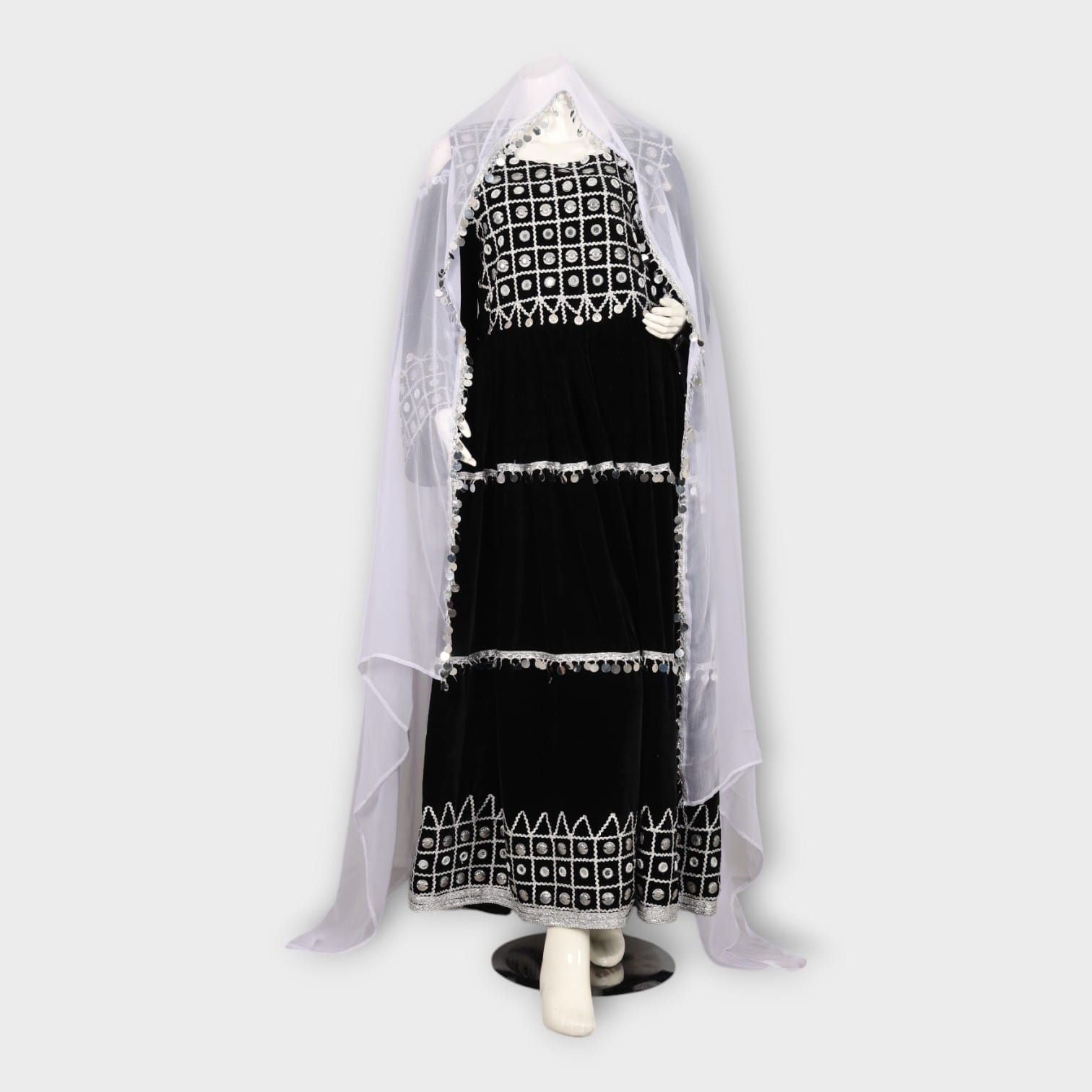 Black Velvet Traditional Afghani Dress with White Embroidery and Mirror Work