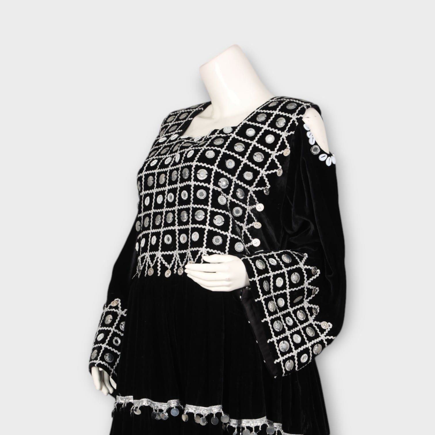 Black Velvet Traditional Afghani Dress with White Embroidery and Mirror Work