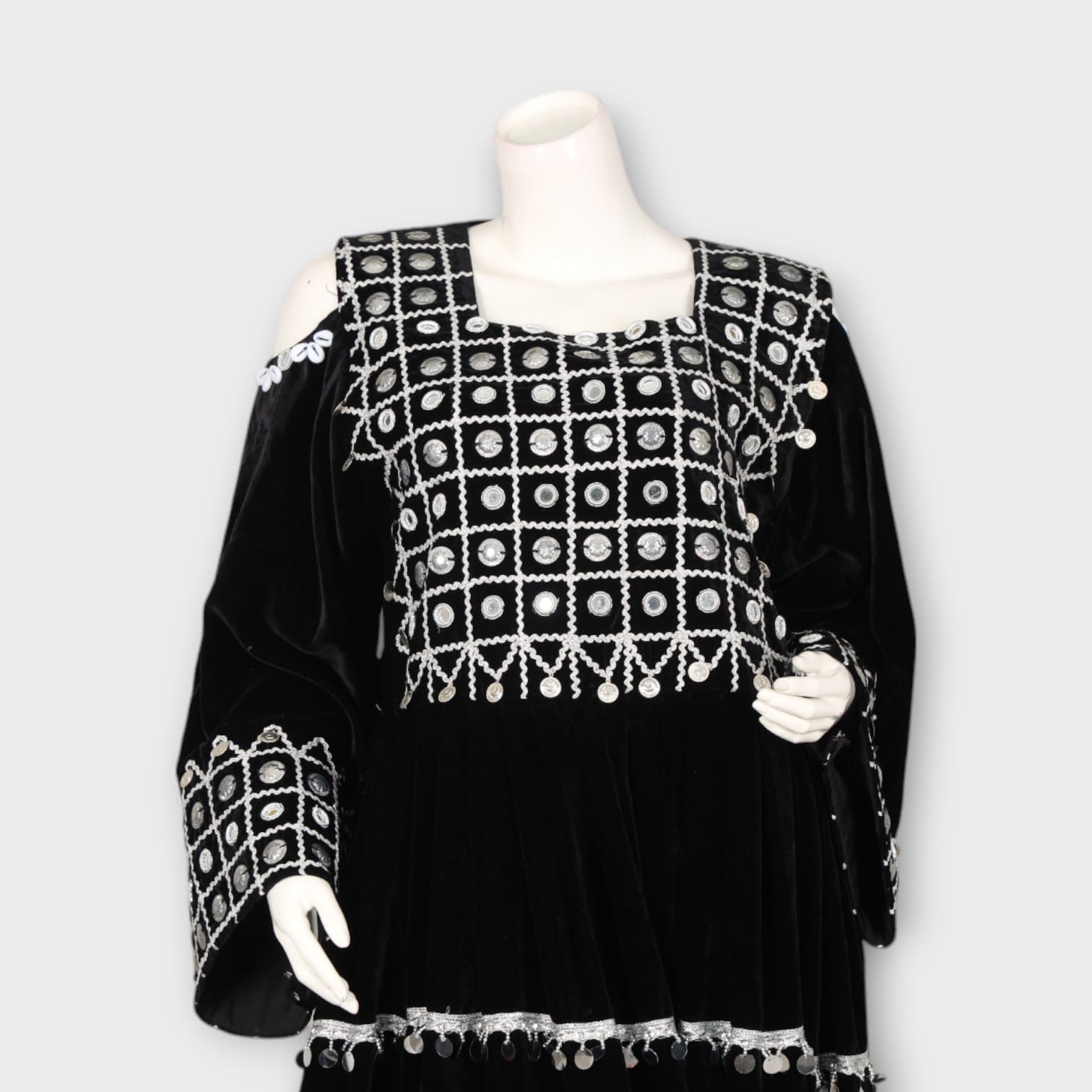 Black Velvet Traditional Afghani Dress with White Embroidery and Mirror Work