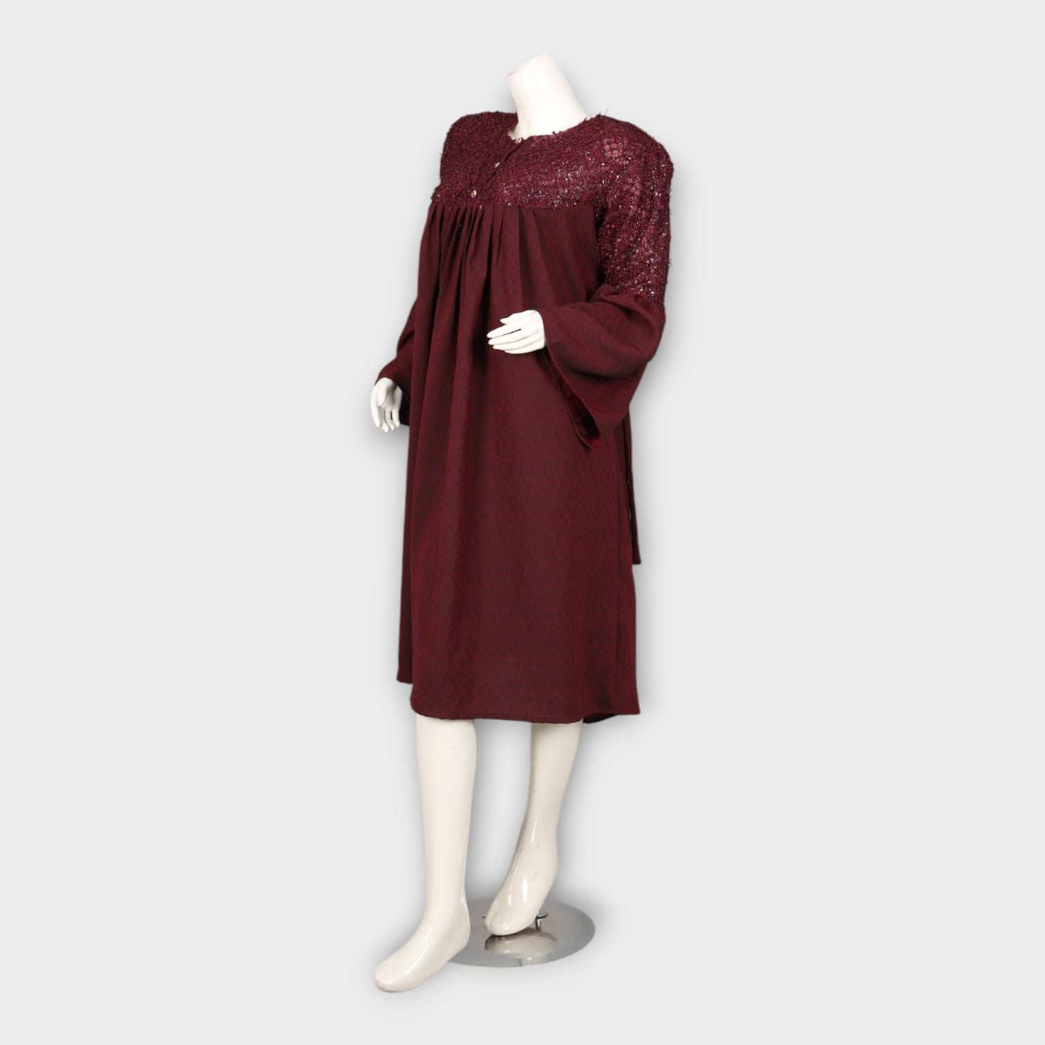 Maroon Modest Dress with Lace Yoke and Flared Sleeves