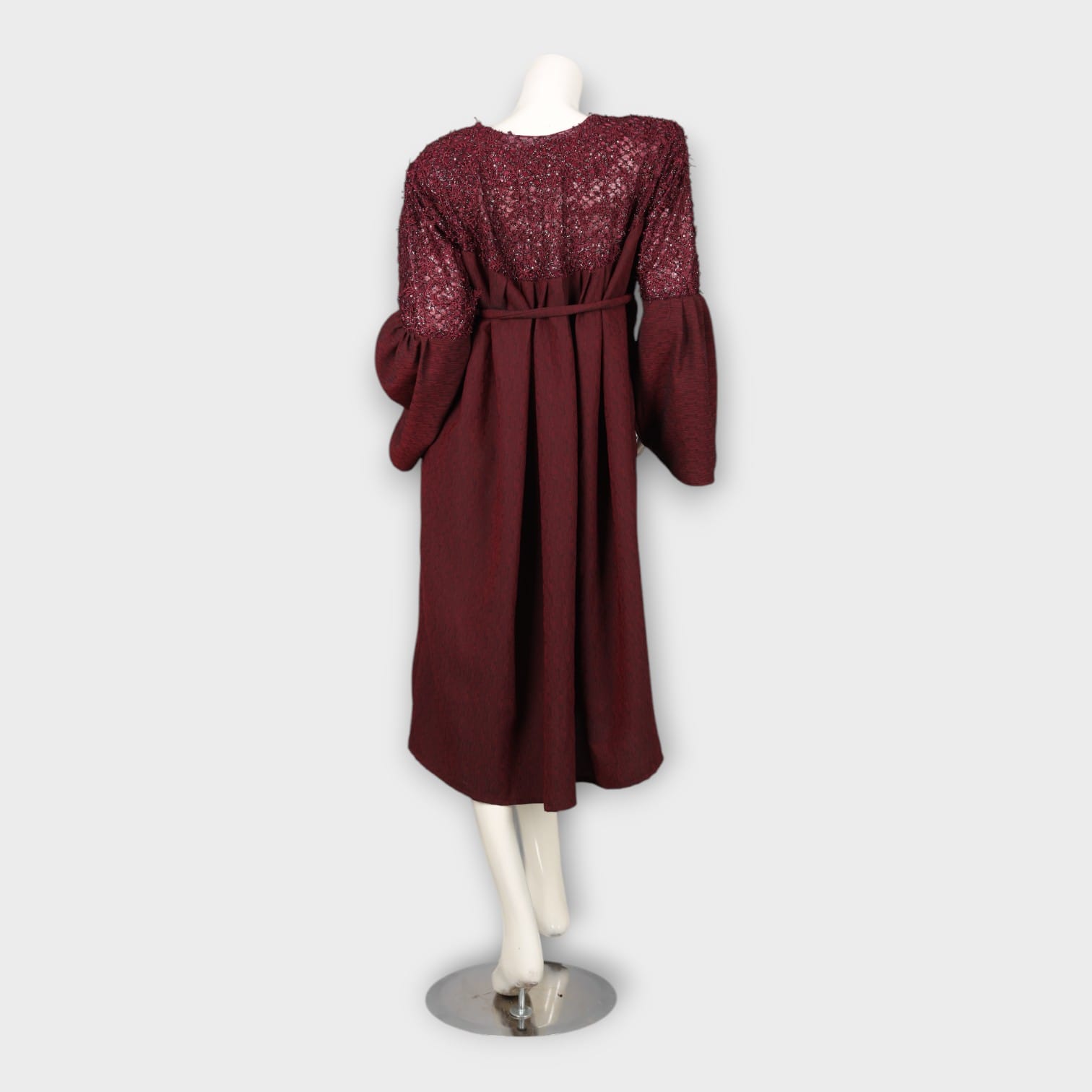Maroon Modest Dress with Lace Yoke and Flared Sleeves