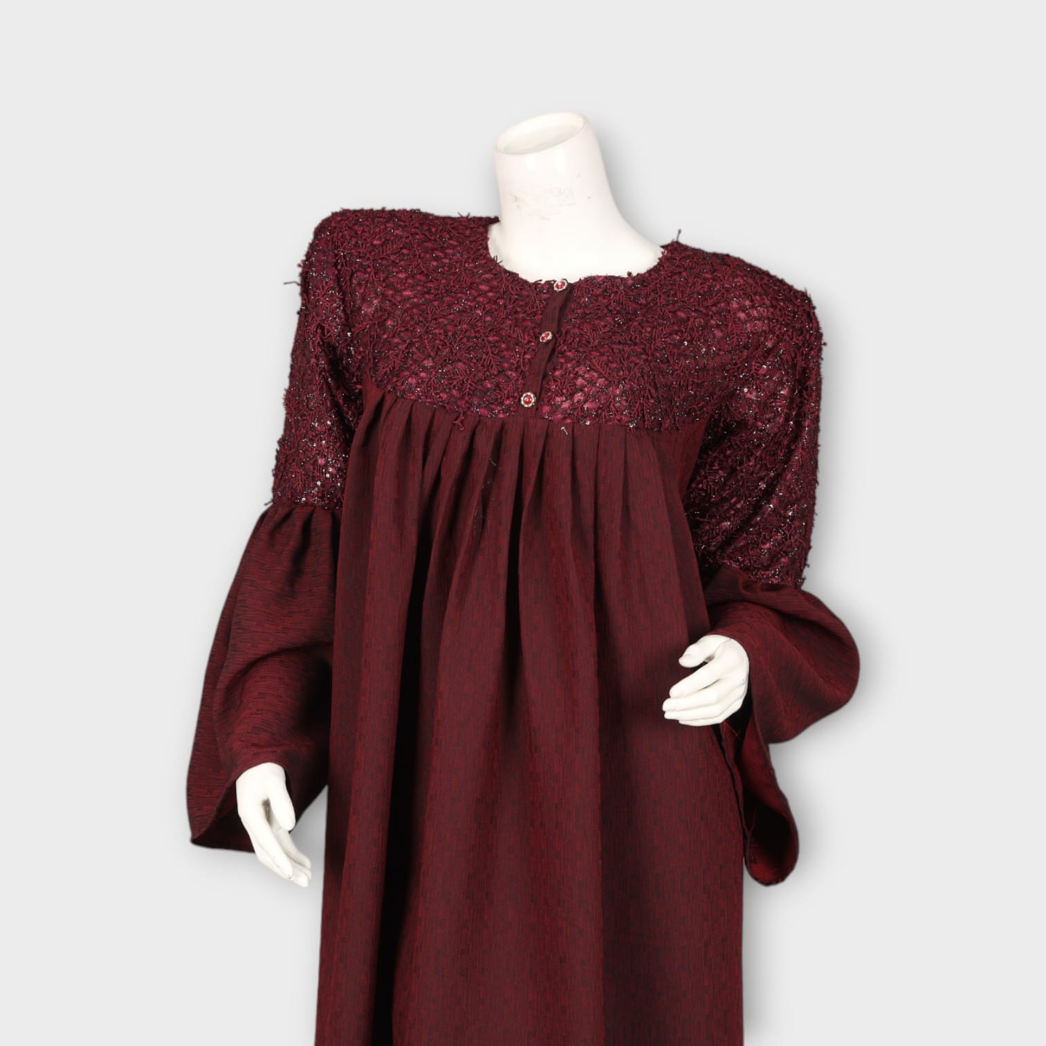 Maroon Modest Dress with Lace Yoke and Flared Sleeves
