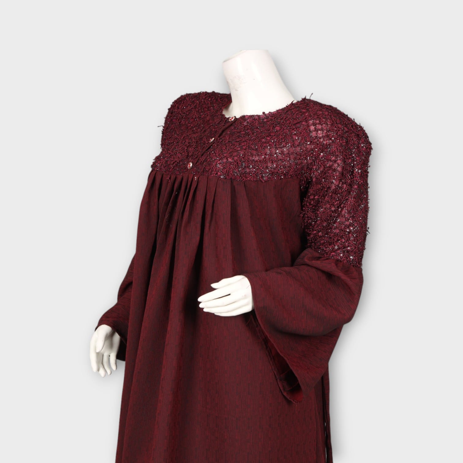 Maroon Modest Dress with Lace Yoke and Flared Sleeves