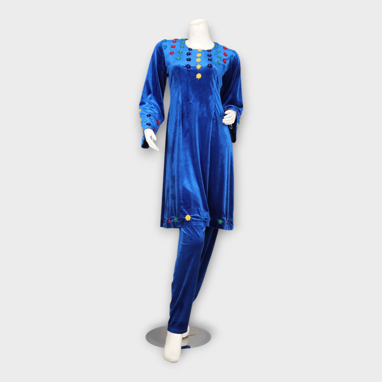 Royal Blue Velvet Embroidered Dress Set