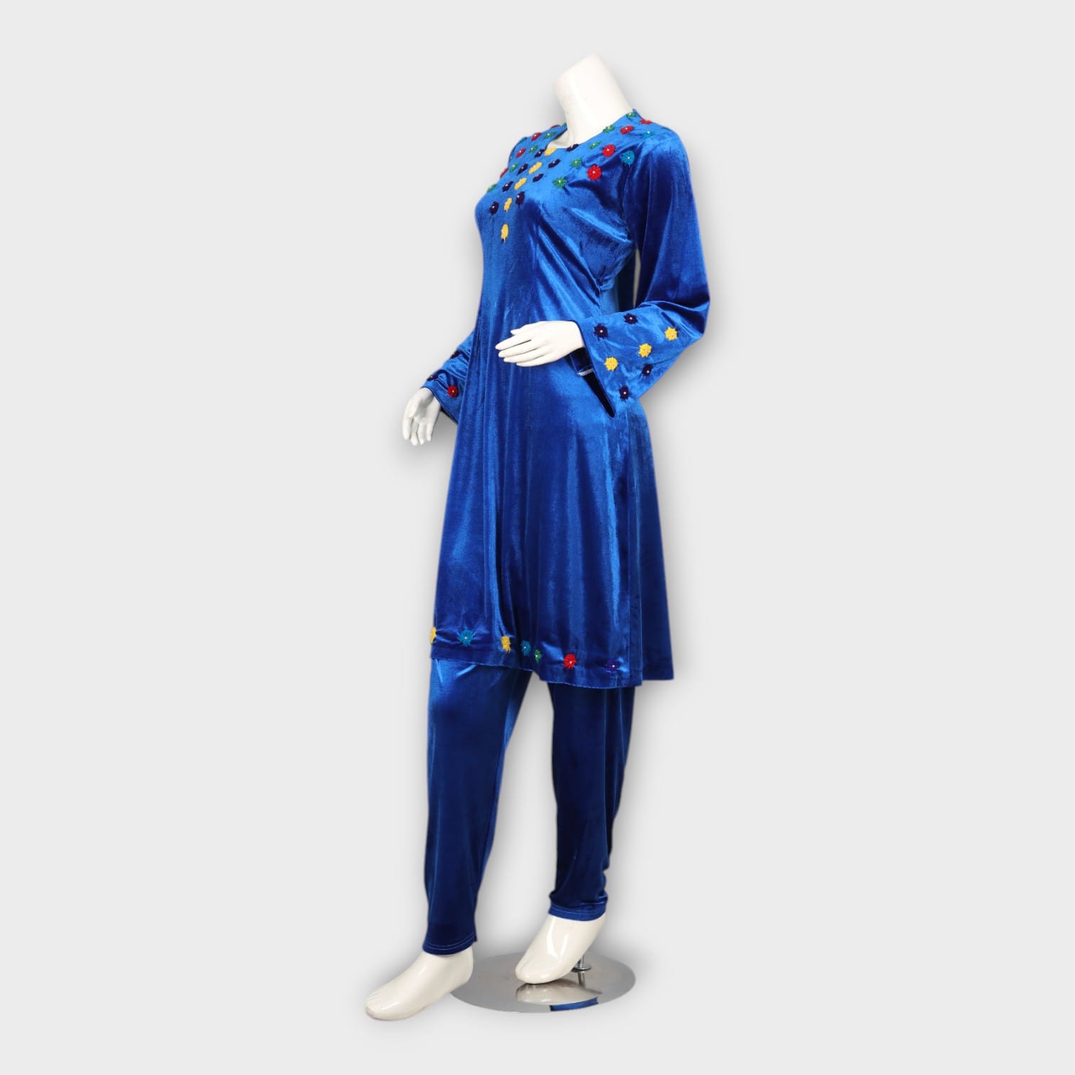 Royal Blue Velvet Embroidered Dress Set