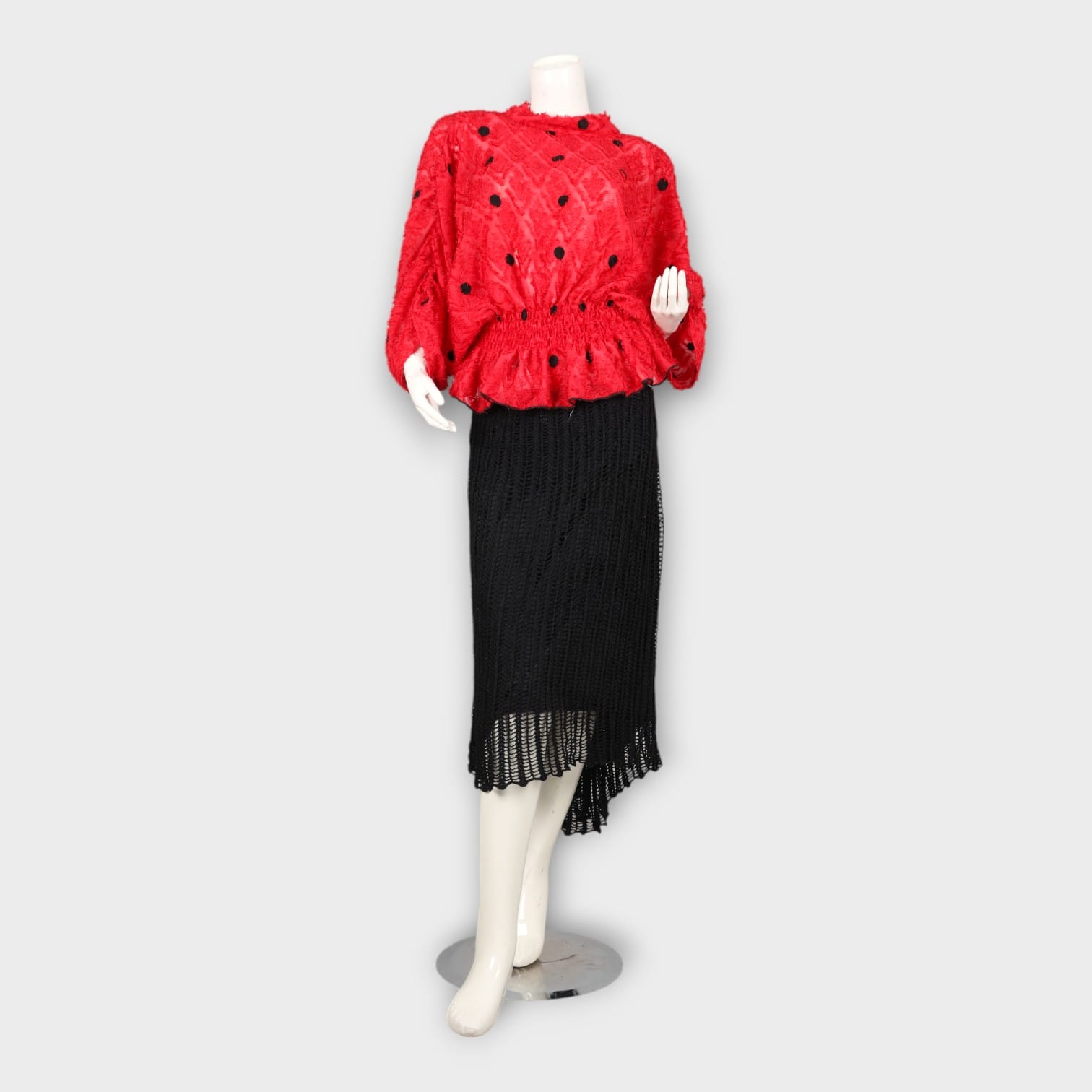 Red Textured Top with Black Knitted Skirt Set