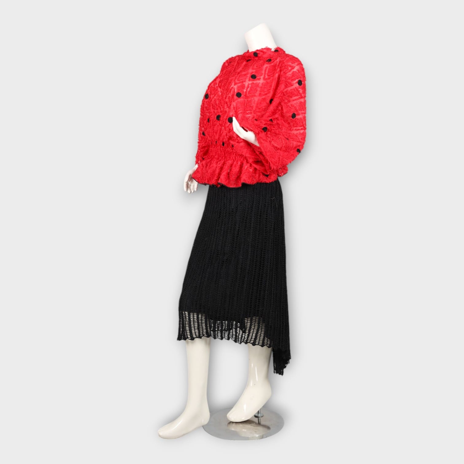Red Textured Top with Black Knitted Skirt Set