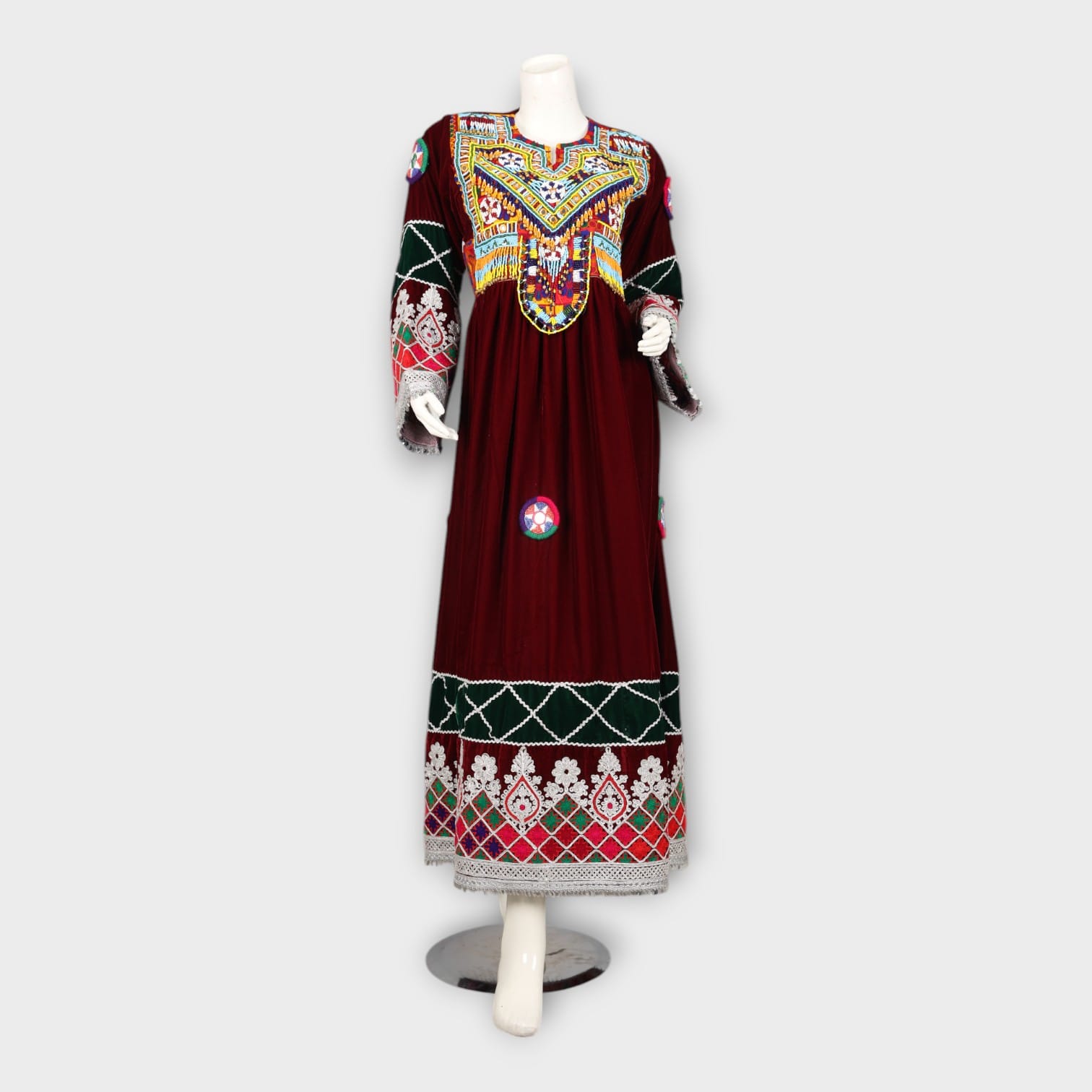 Maroon Traditional Afghani Dress with Colorful Embroidery
