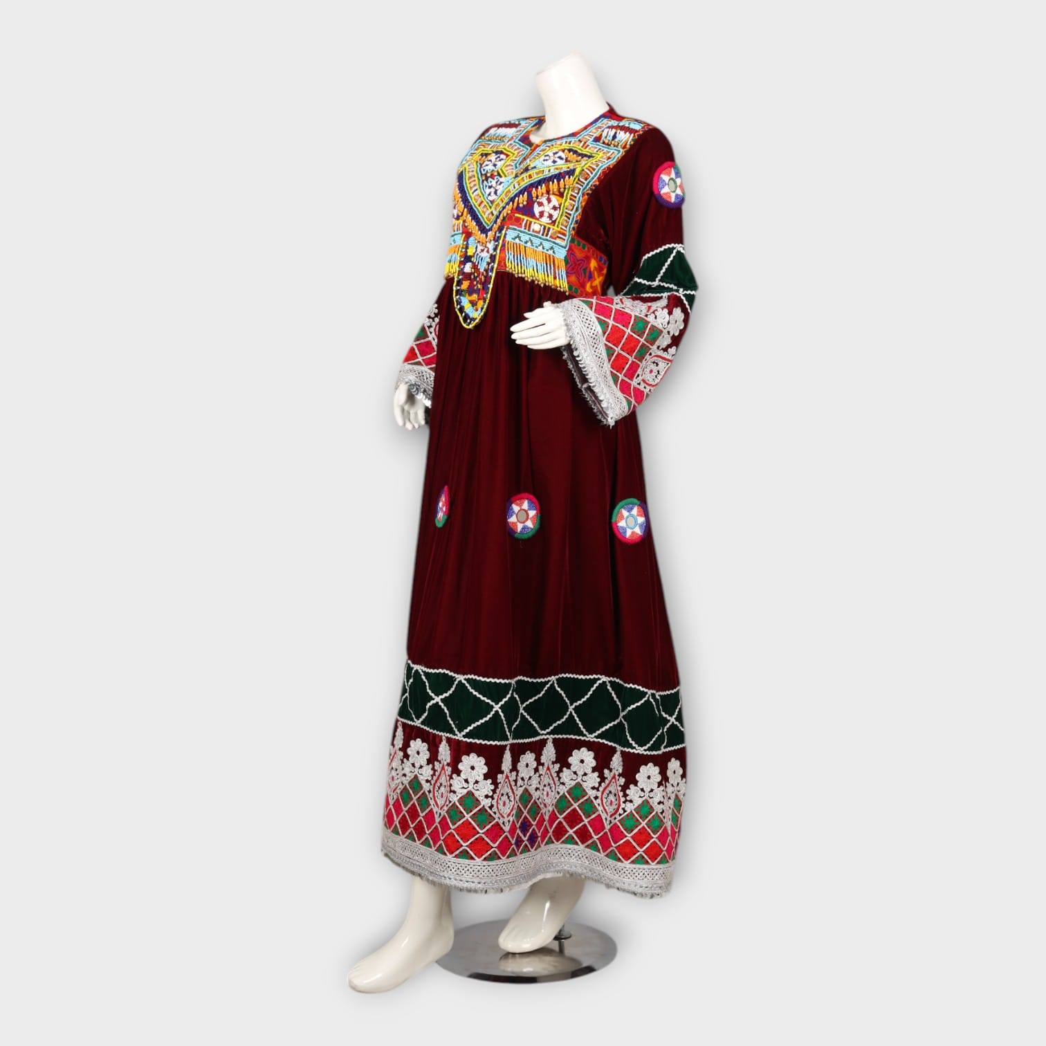 Maroon Traditional Afghani Dress with Colorful Embroidery