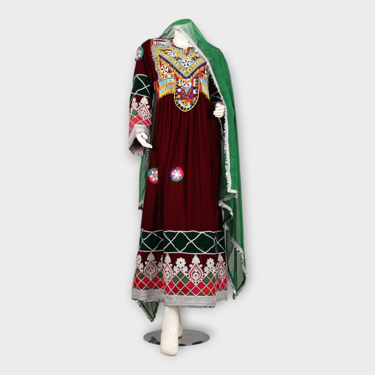 Maroon Traditional Afghani Dress with Colorful Embroidery