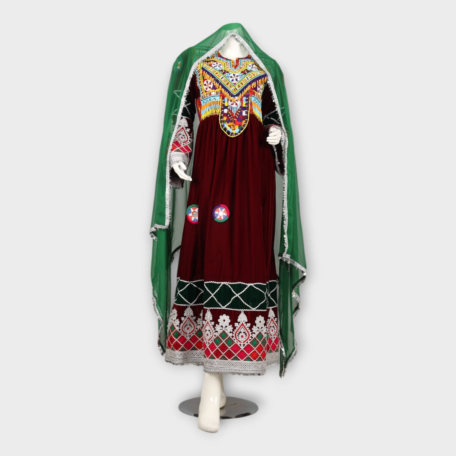 Maroon Traditional Afghani Dress with Colorful Embroidery