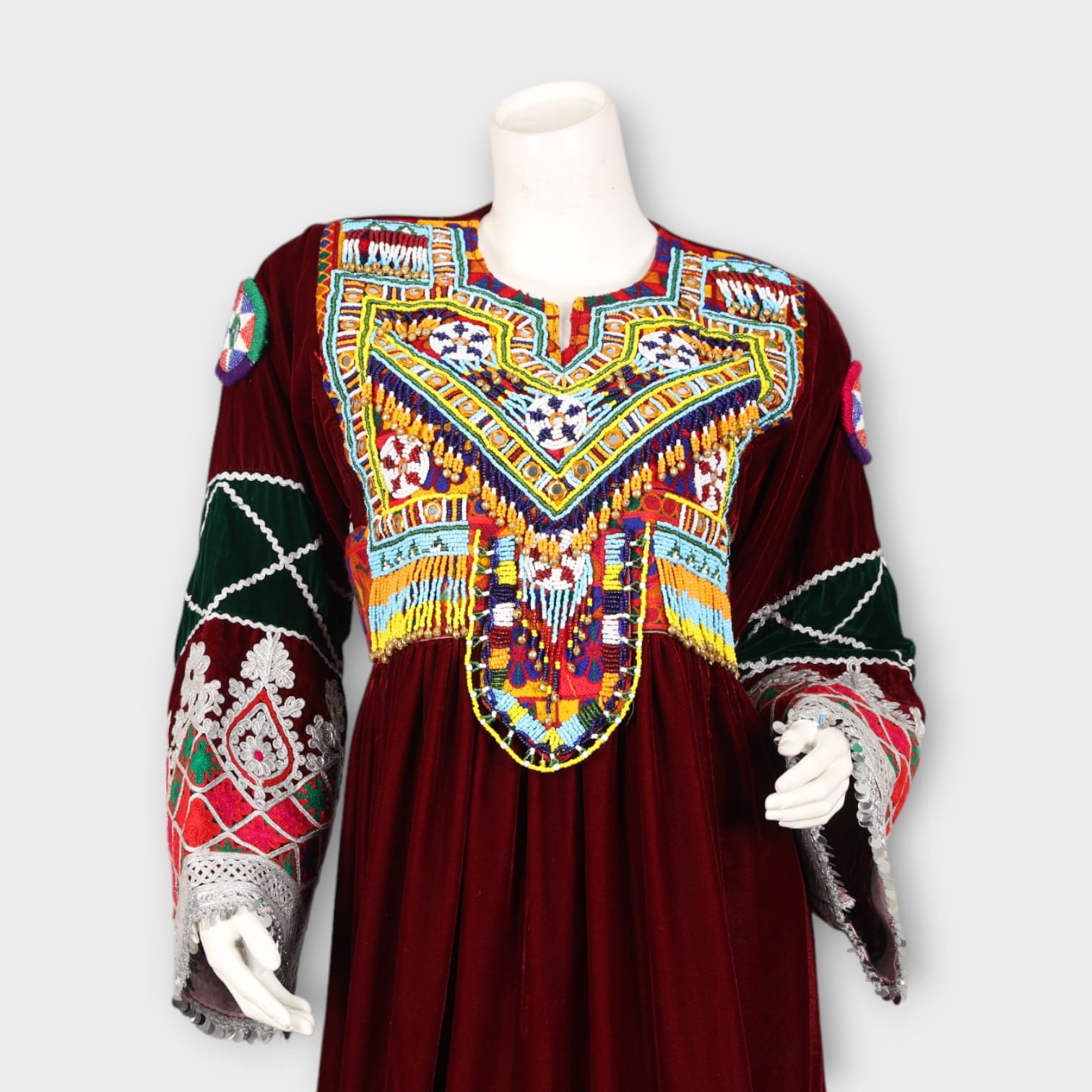 Maroon Traditional Afghani Dress with Colorful Embroidery