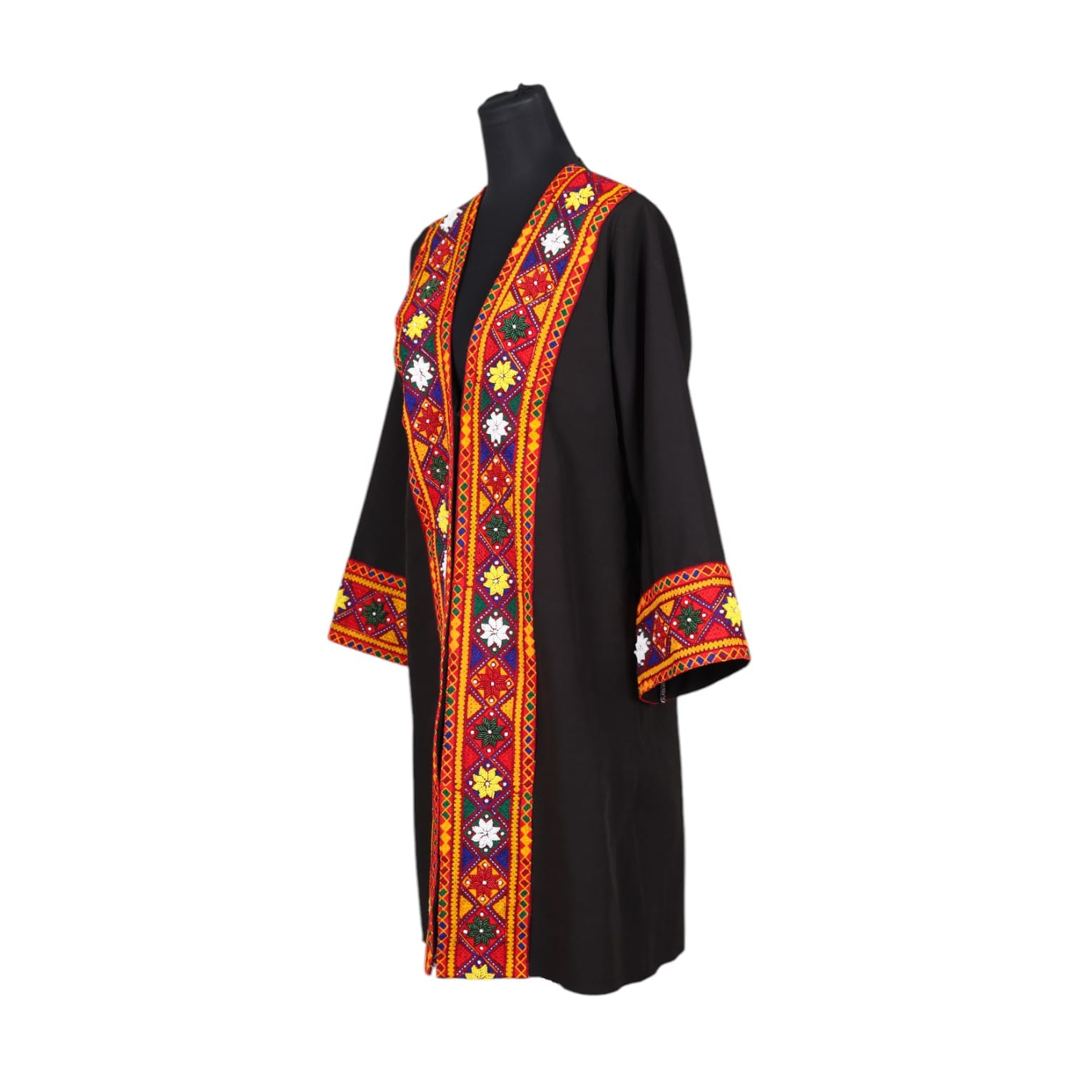 Black Traditional Open Front Coat with Colorful Embroidery