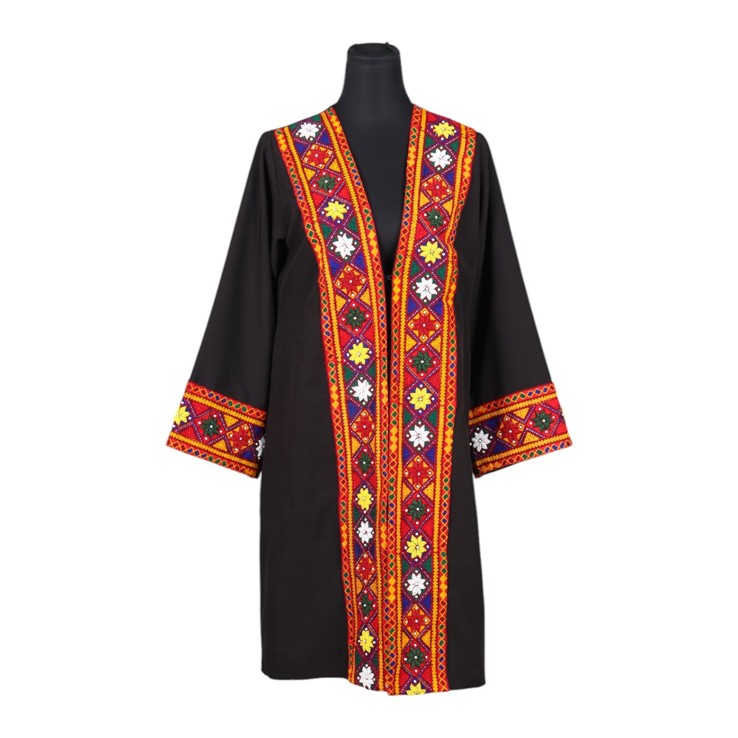 Black Traditional Open Front Coat with Colorful Embroidery