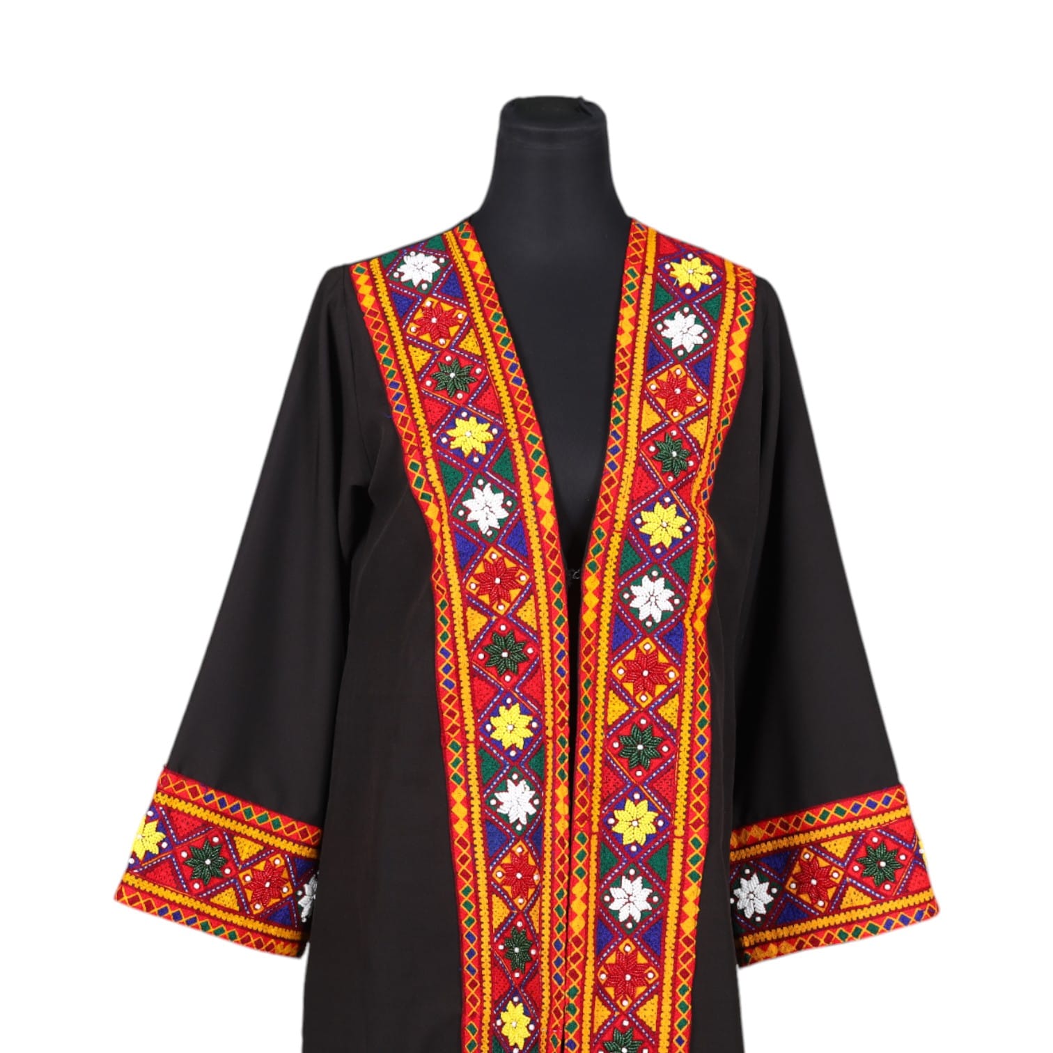 Black Traditional Open Front Coat with Colorful Embroidery