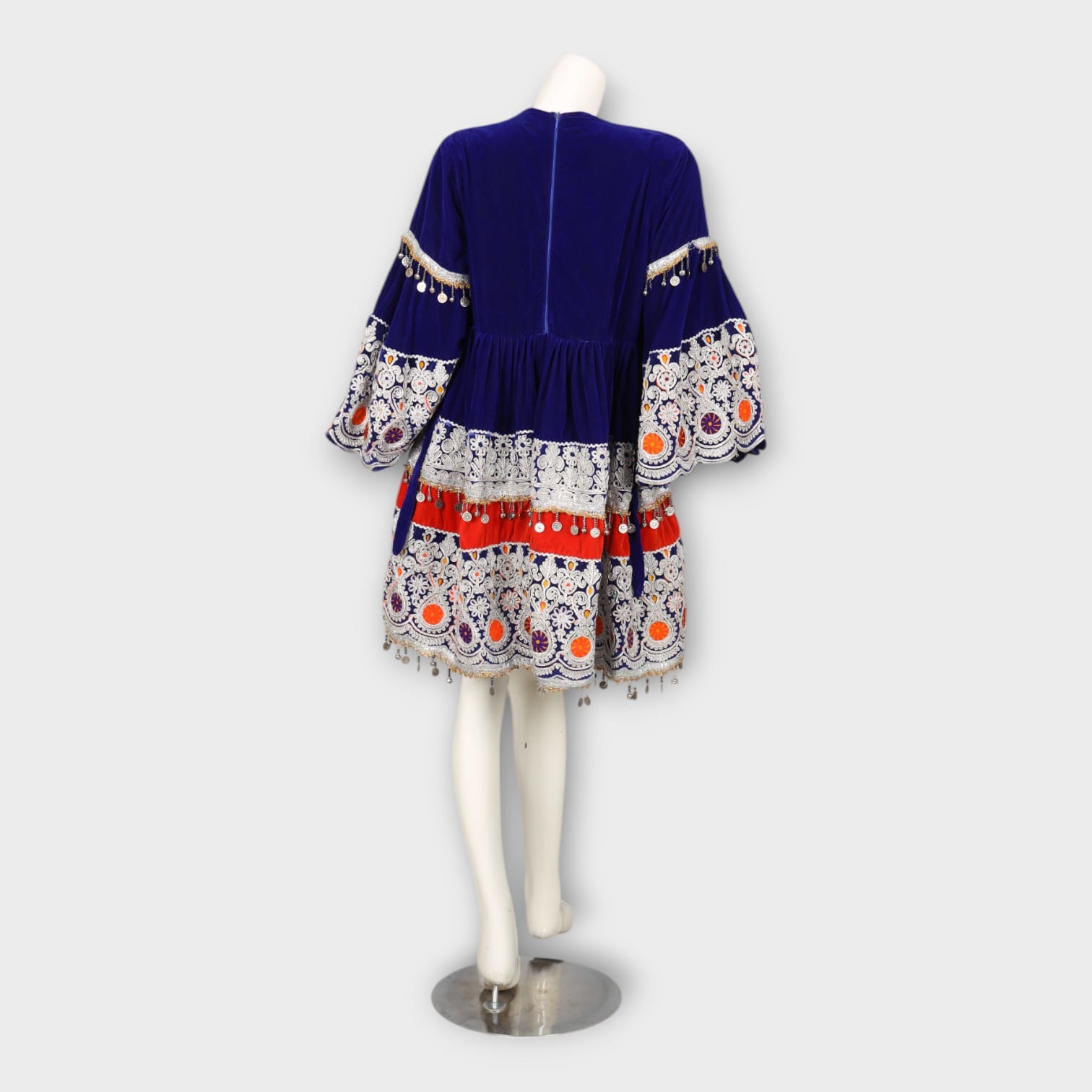 Royal Blue Traditional Afghani Dress with Heavy Embroidery and Orange Dupatta