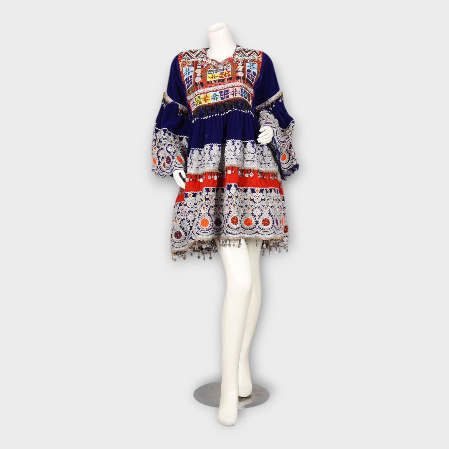 Royal Blue Traditional Afghani Dress with Heavy Embroidery and Orange Dupatta