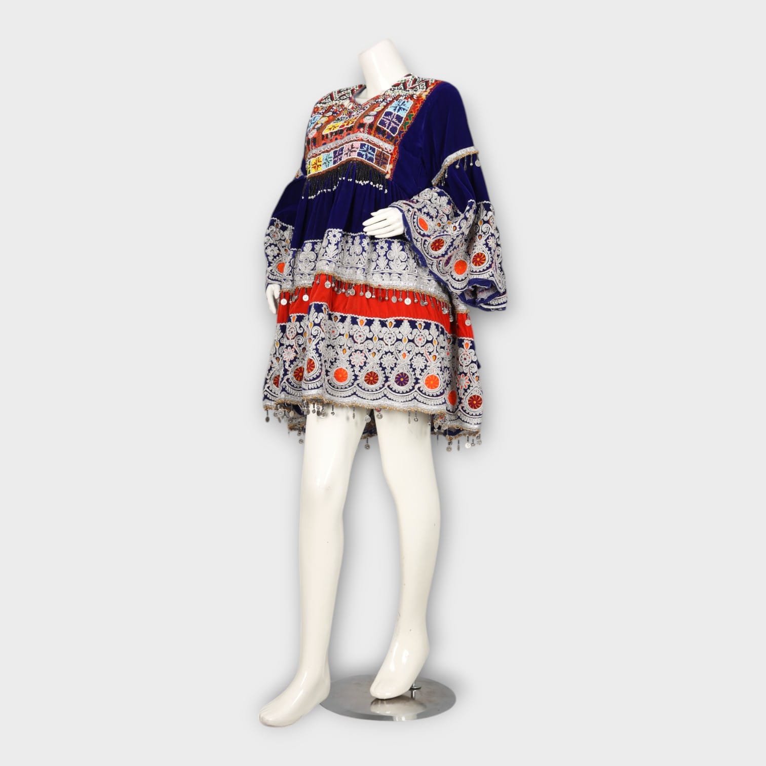 Royal Blue Traditional Afghani Dress with Heavy Embroidery and Orange Dupatta