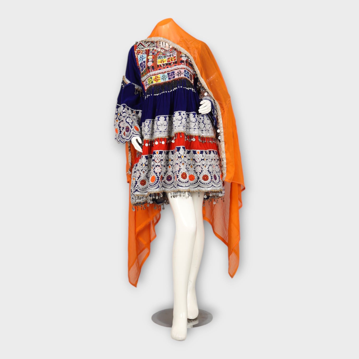 Royal Blue Traditional Afghani Dress with Heavy Embroidery and Orange Dupatta