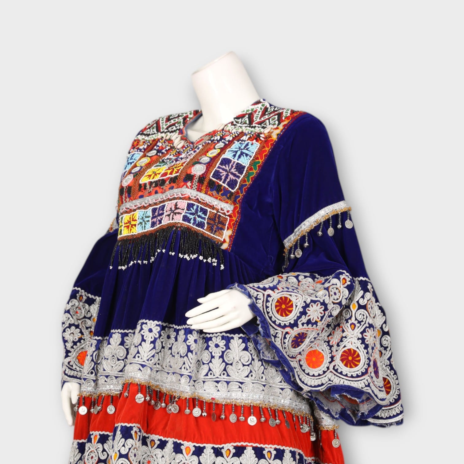 Royal Blue Traditional Afghani Dress with Heavy Embroidery and Orange Dupatta