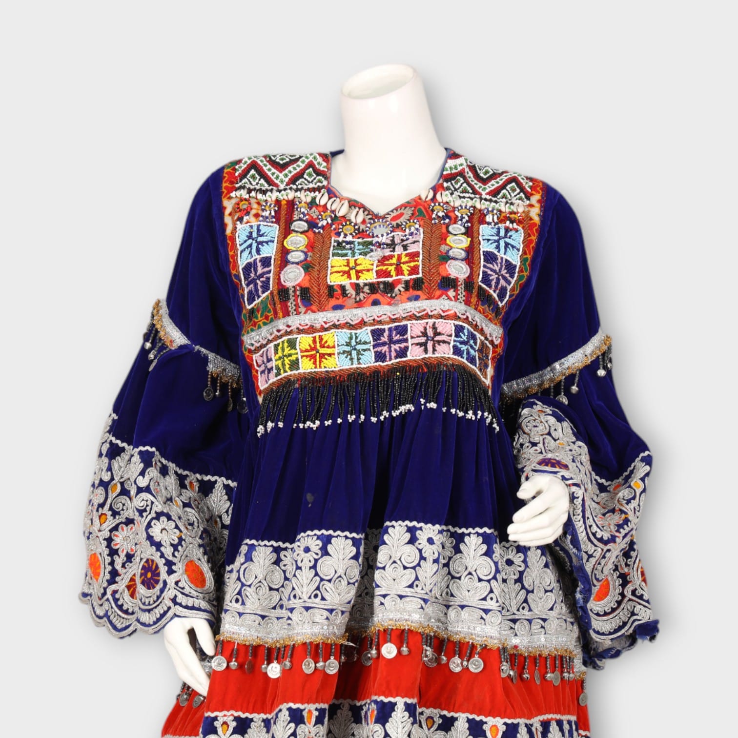Royal Blue Traditional Afghani Dress with Heavy Embroidery and Orange Dupatta