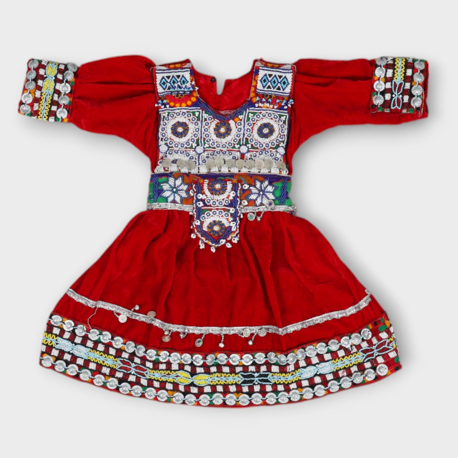 Red Traditional Afghani Baby Dress with Heavy Embroidery and Mirror Work