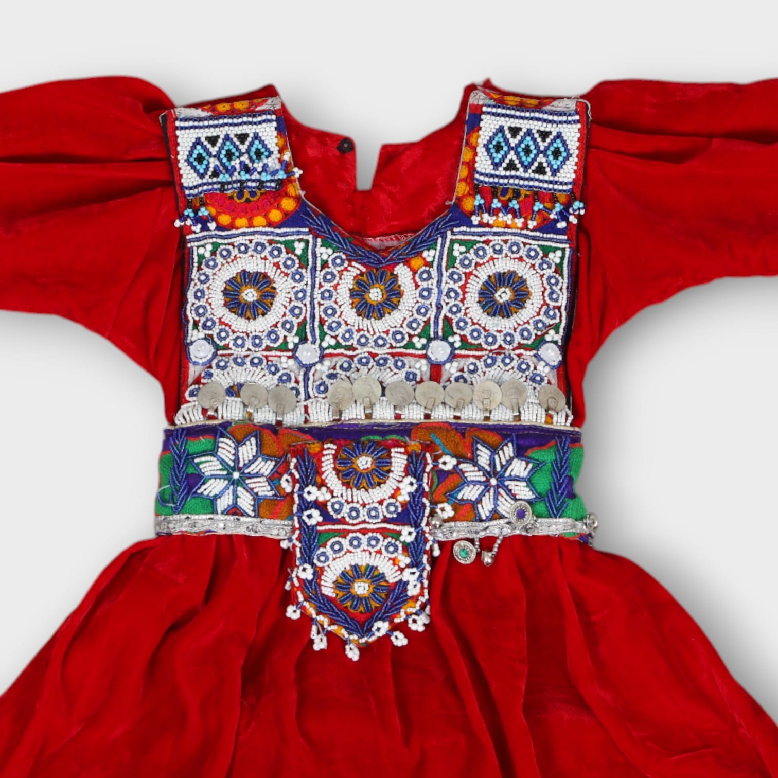 Red Traditional Afghani Baby Dress with Heavy Embroidery and Mirror Work