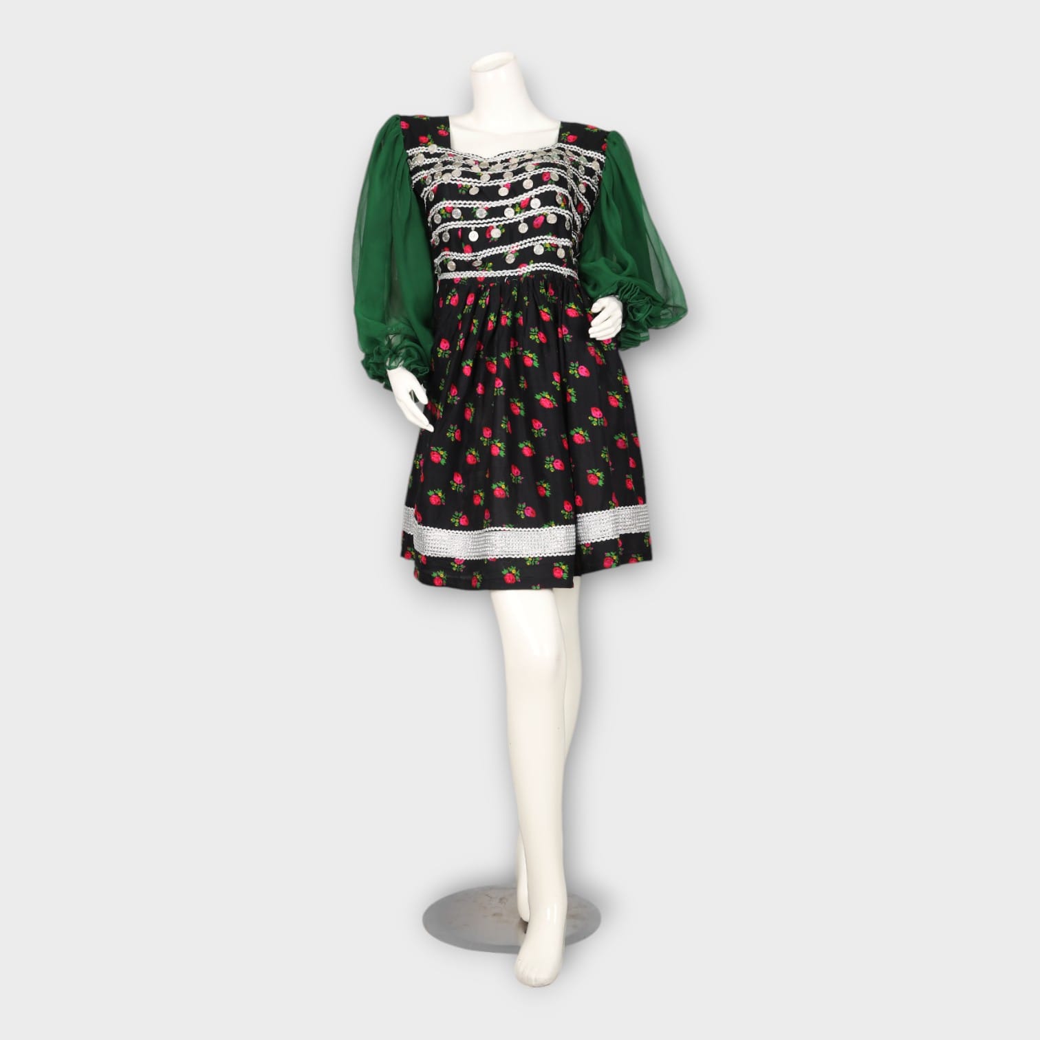 Short Floral Traditional Afghani Dress with Green Sleeves and Mirror Work
