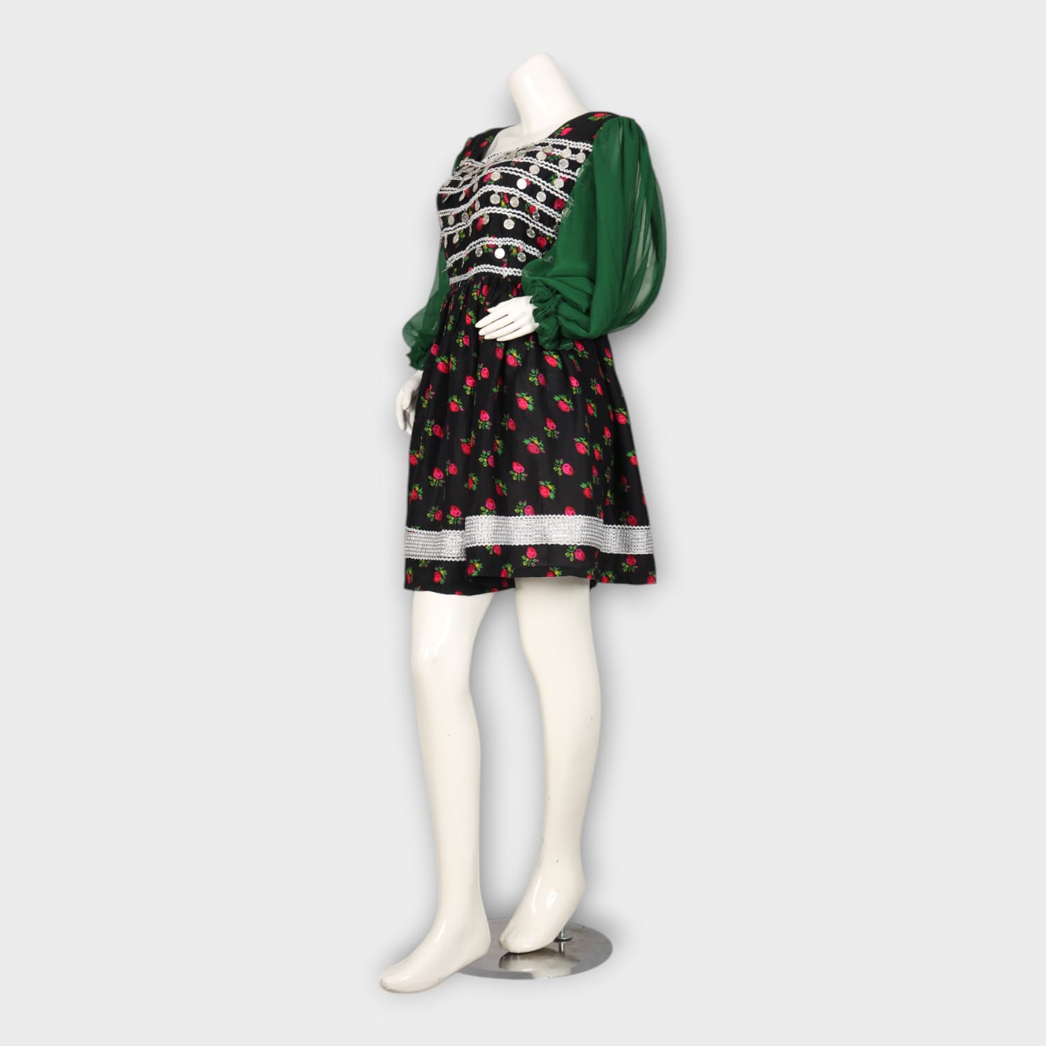 Short Floral Traditional Afghani Dress with Green Sleeves and Mirror Work